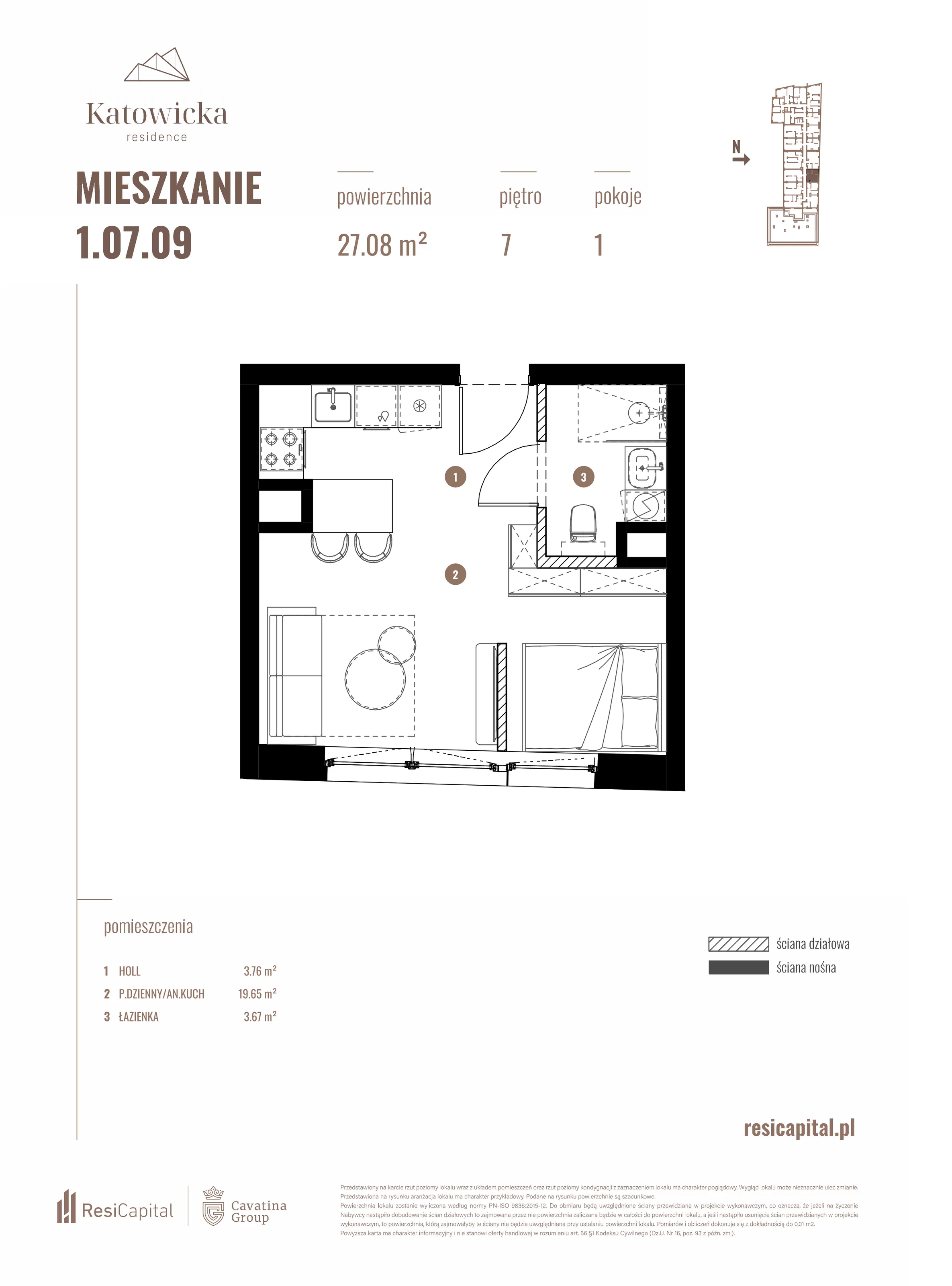 1 pokój, apartament 27,08 m², piętro 7, oferta nr 1.07.09., Katowicka Residence, Katowice, Bogucice, ul. Katowicka