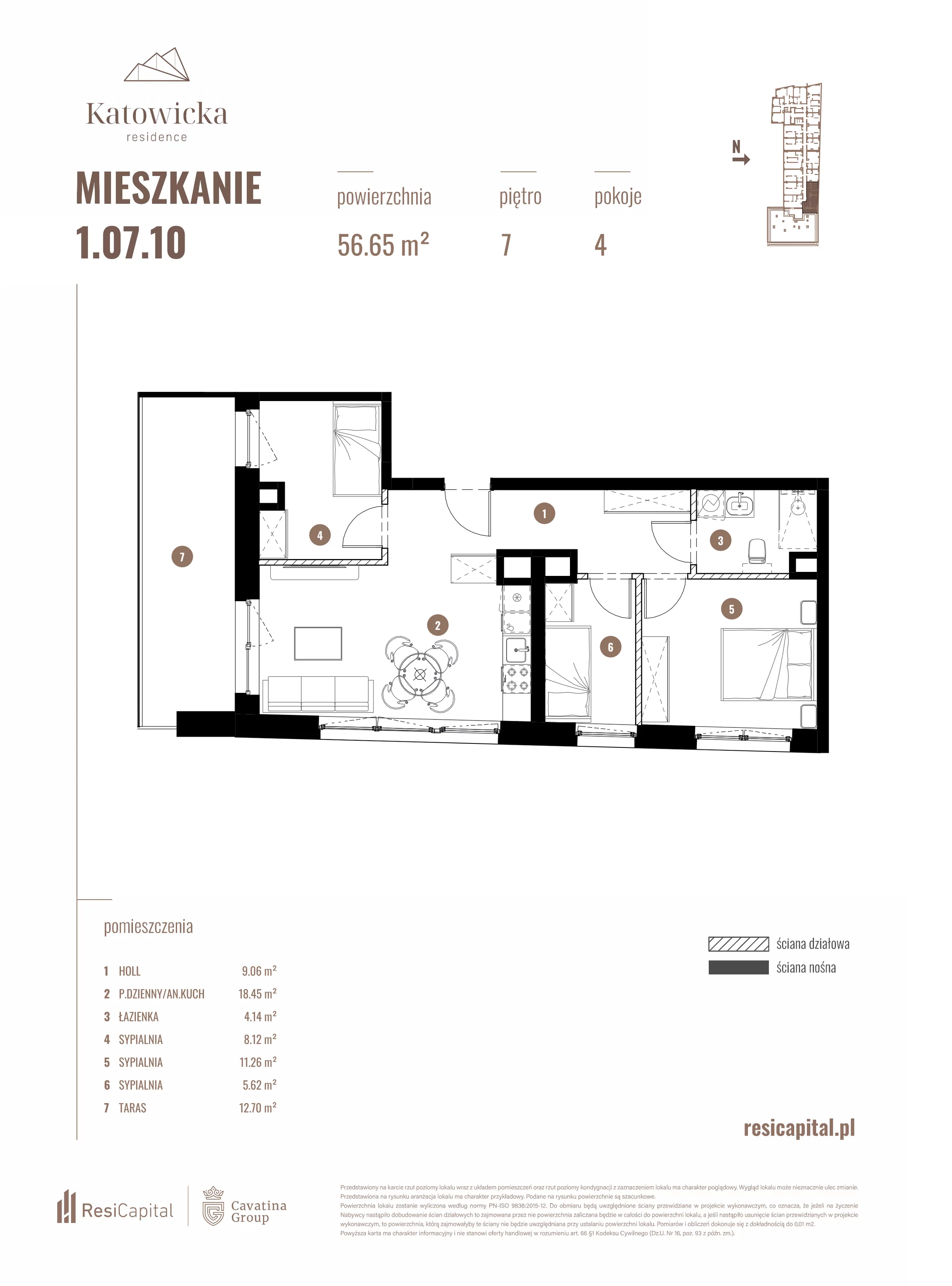 4 pokoje, apartament 56,65 m², piętro 7, oferta nr 1.07.10., Katowicka Residence, Katowice, Bogucice, ul. Katowicka