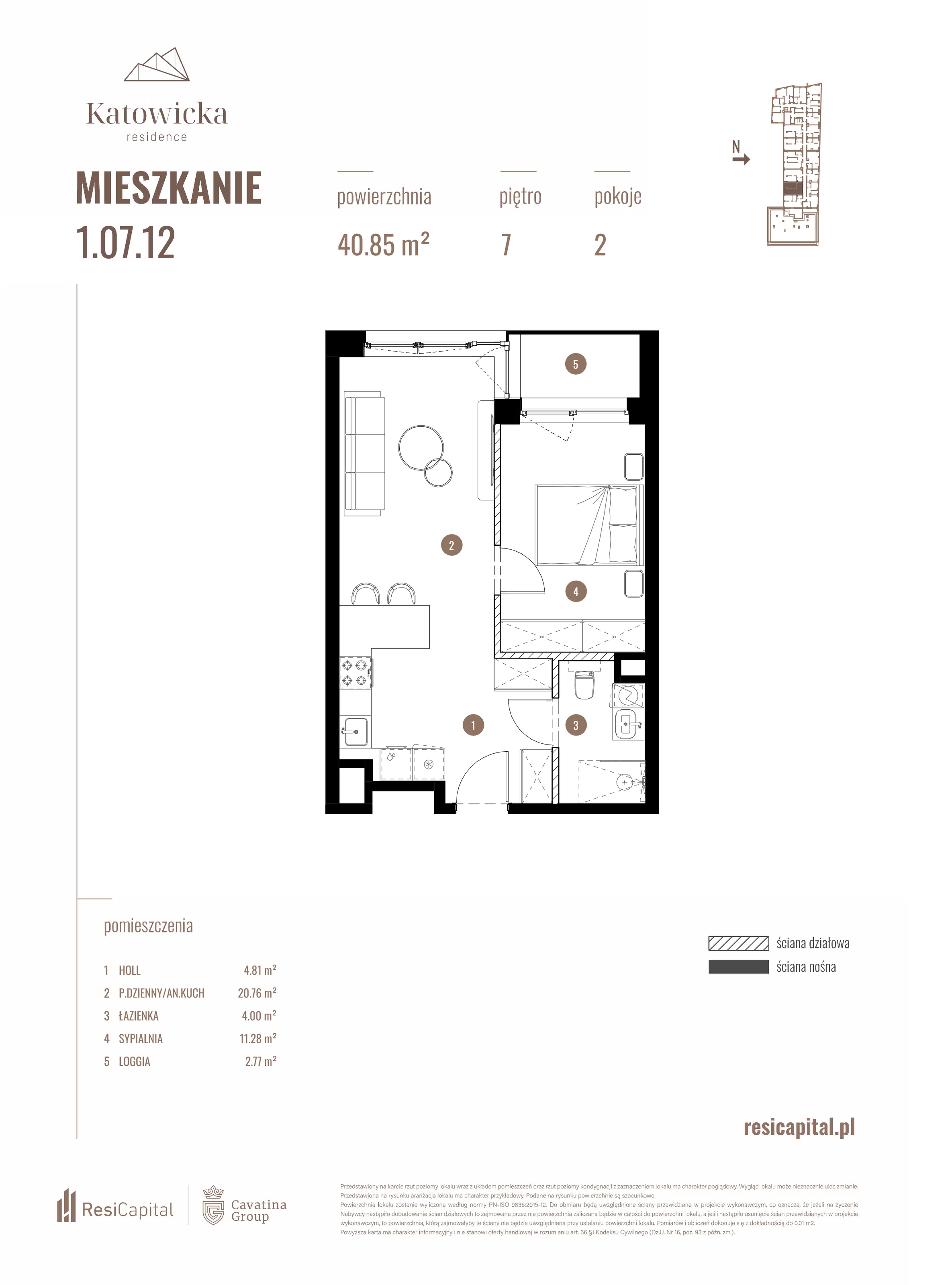 2 pokoje, apartament 40,85 m², piętro 7, oferta nr 1.07.12., Katowicka Residence, Katowice, Bogucice, ul. Katowicka