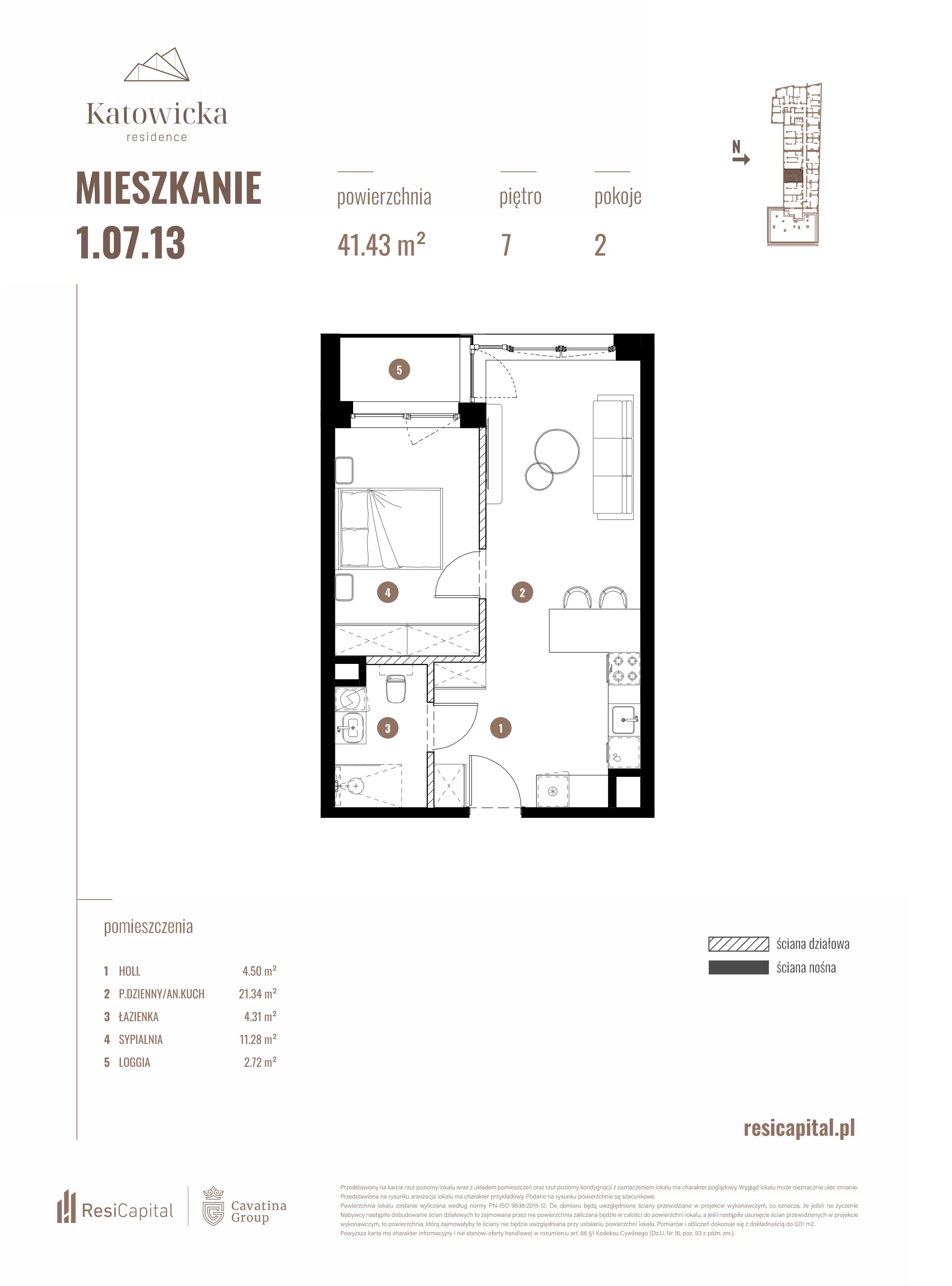 2 pokoje, apartament 41,43 m², piętro 7, oferta nr 1.07.13., Katowicka Residence, Katowice, Bogucice, ul. Katowicka