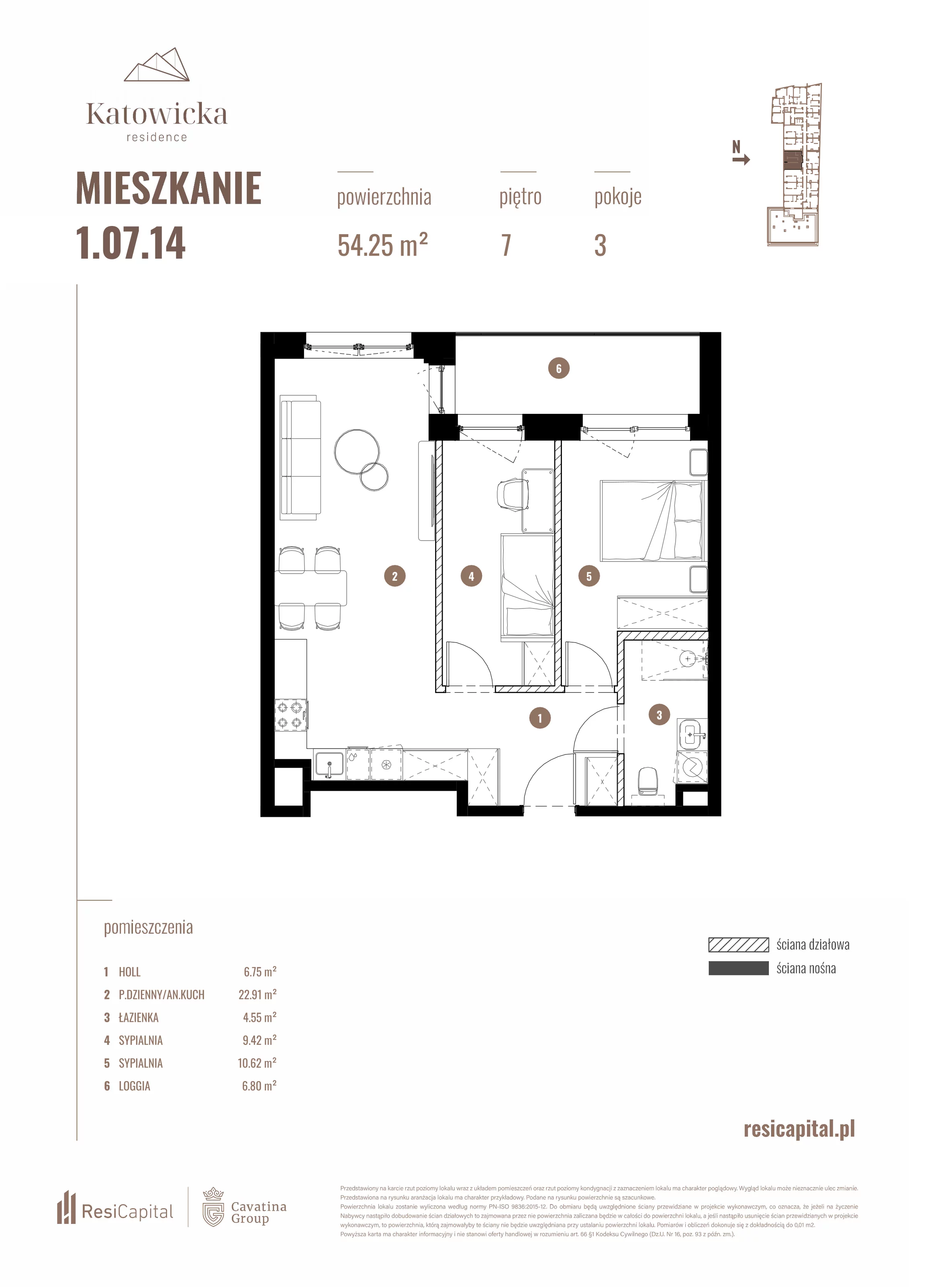 3 pokoje, apartament 54,25 m², piętro 7, oferta nr 1.07.14., Katowicka Residence, Katowice, Bogucice, ul. Katowicka