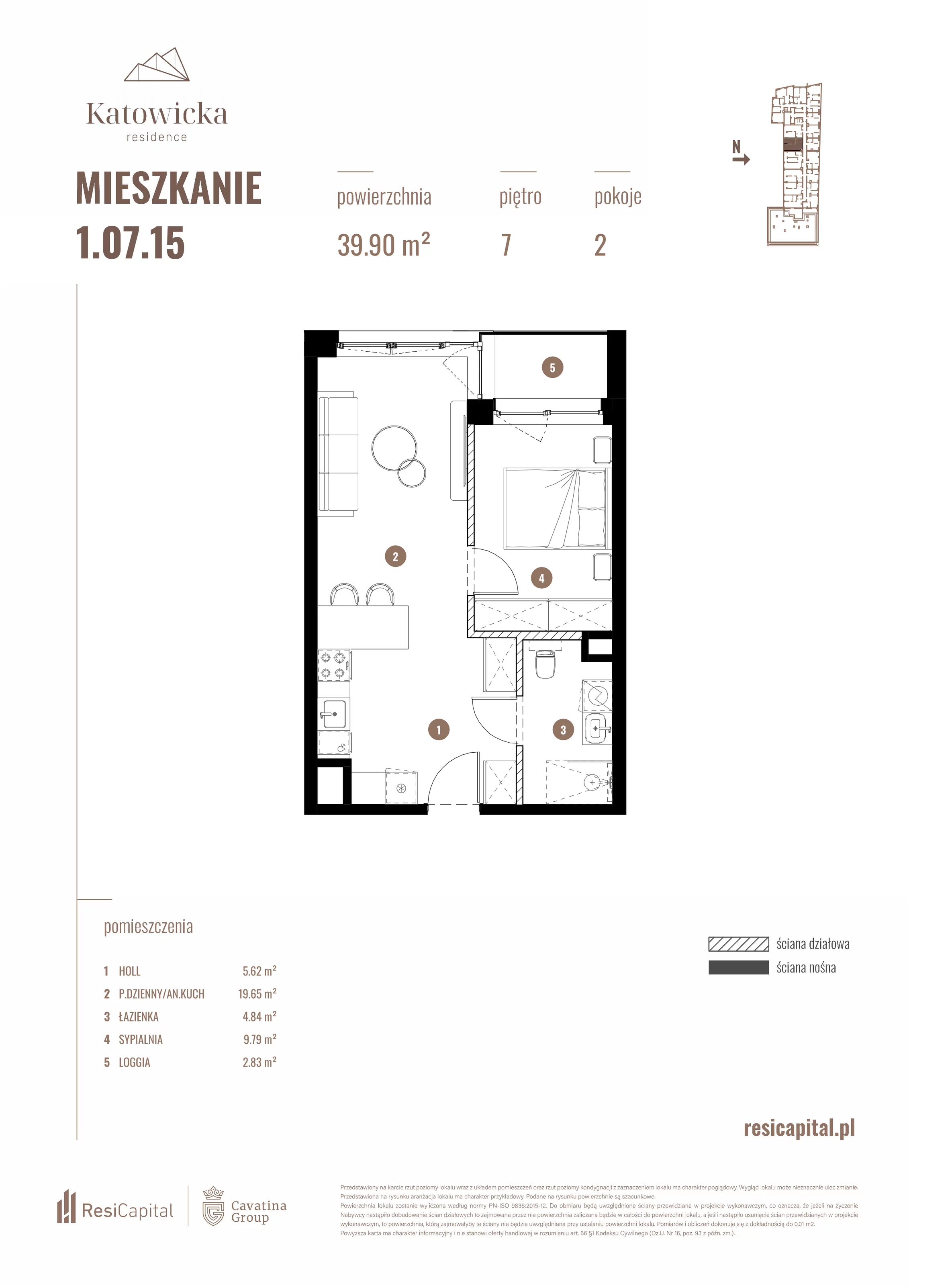 2 pokoje, apartament 39,90 m², piętro 7, oferta nr 1.07.15., Katowicka Residence, Katowice, Bogucice, ul. Katowicka