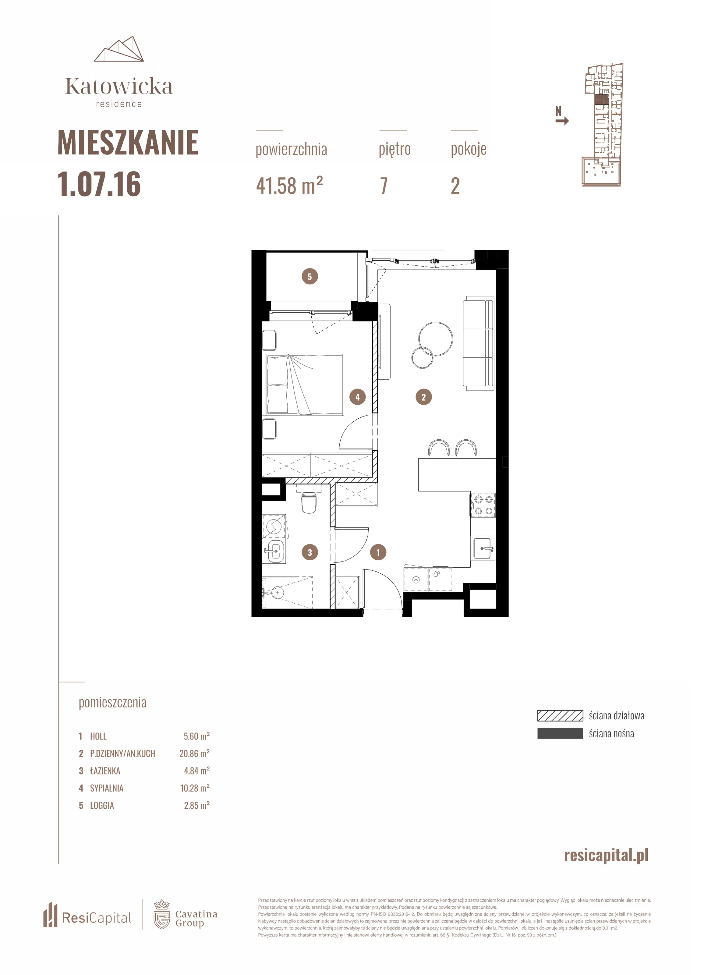 2 pokoje, apartament 41,58 m², piętro 7, oferta nr 1.07.16., Katowicka Residence, Katowice, Bogucice, ul. Katowicka