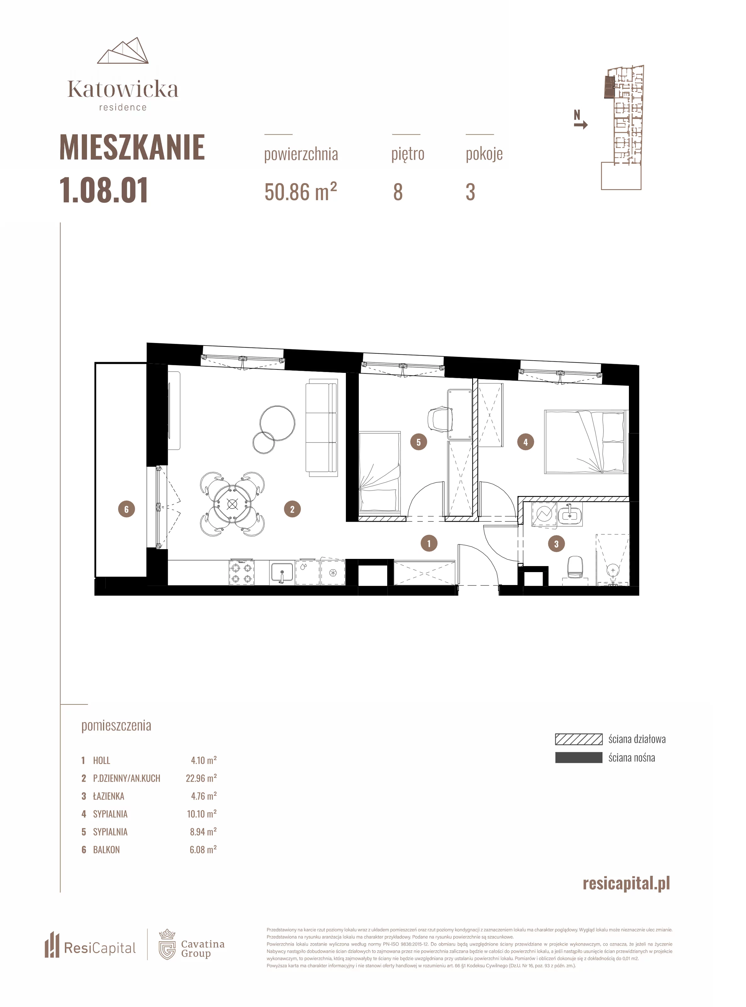 3 pokoje, apartament 50,86 m², piętro 8, oferta nr 1.08.01., Katowicka Residence, Katowice, Bogucice, ul. Katowicka