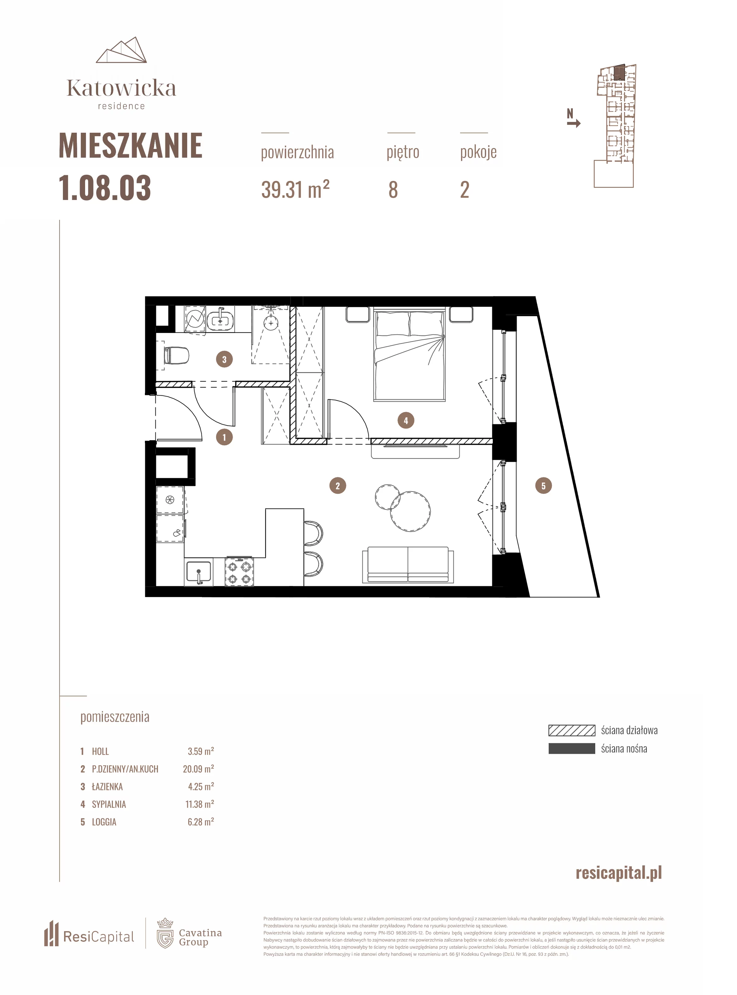 2 pokoje, apartament 39,31 m², piętro 8, oferta nr 1.08.03., Katowicka Residence, Katowice, Bogucice, ul. Katowicka