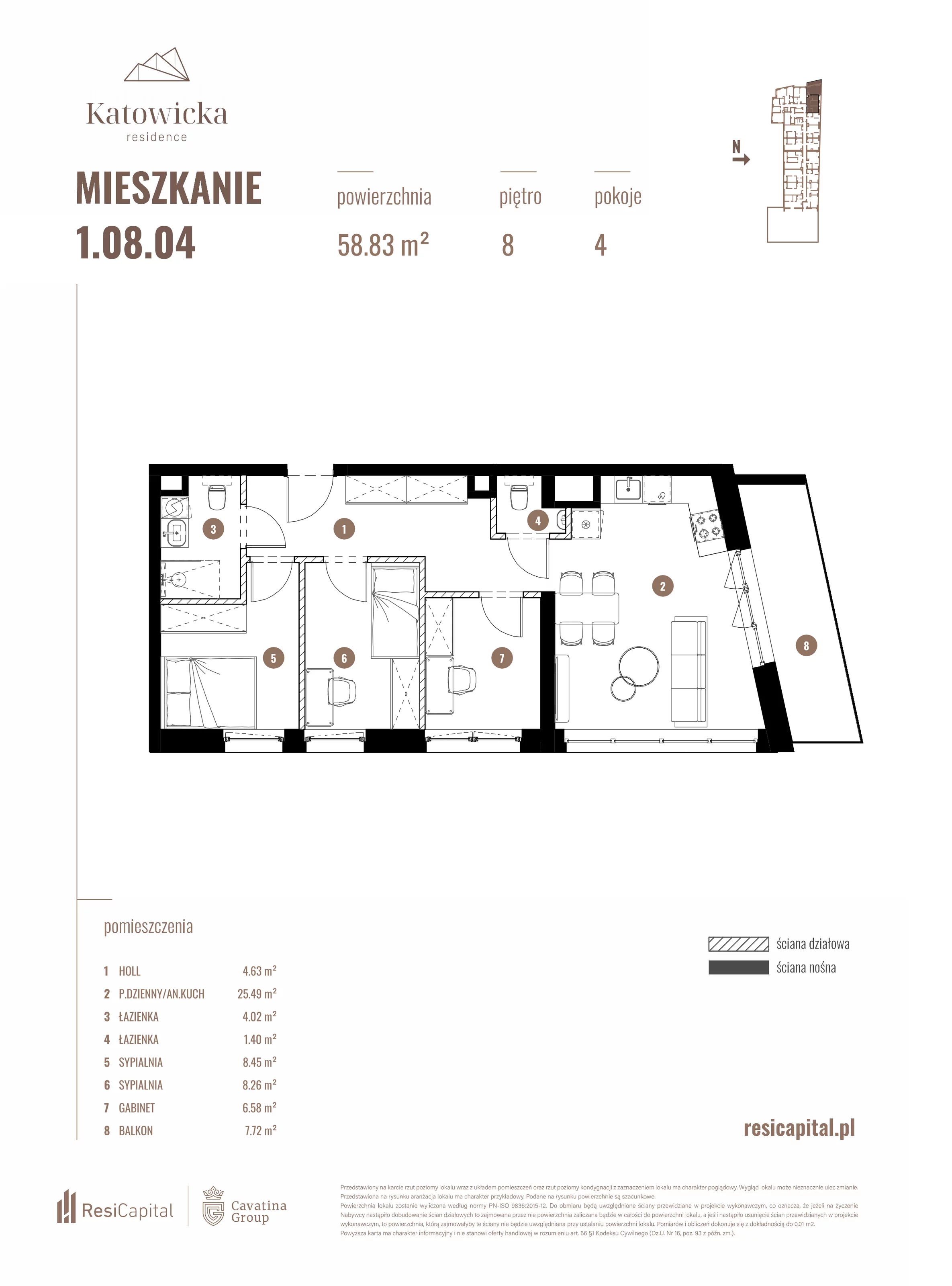 4 pokoje, apartament 58,83 m², piętro 8, oferta nr 1.08.04., Katowicka Residence, Katowice, Bogucice, ul. Katowicka