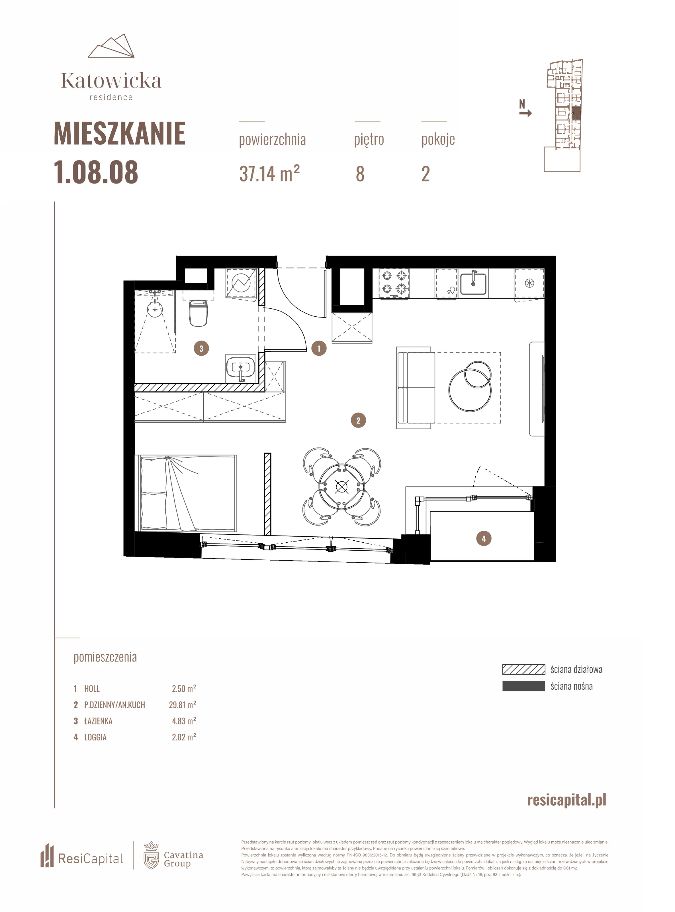 1 pokój, apartament 37,14 m², piętro 8, oferta nr 1.08.08., Katowicka Residence, Katowice, Bogucice, ul. Katowicka