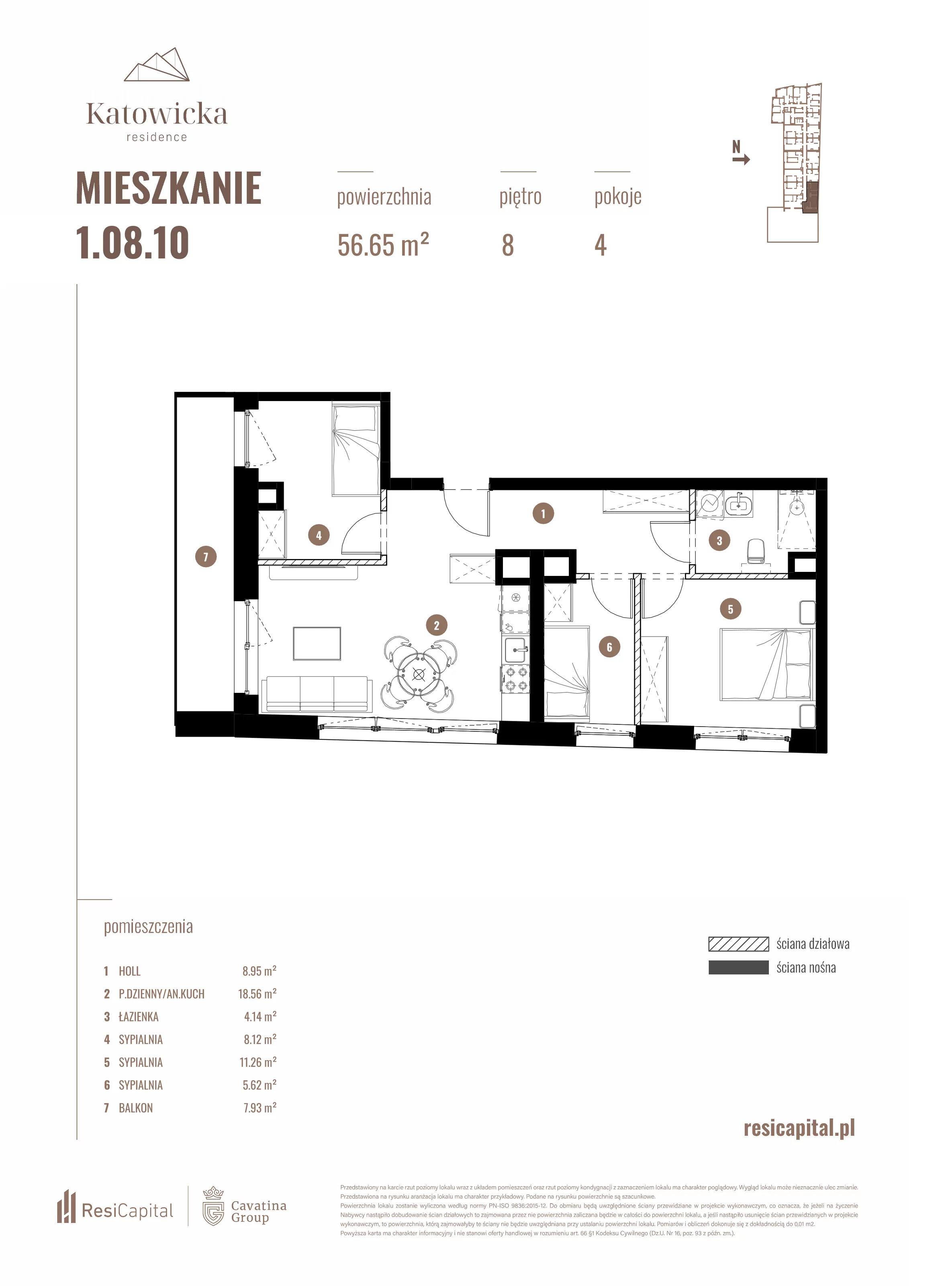 3 pokoje, apartament 56,65 m², piętro 8, oferta nr 1.08.10., Katowicka Residence, Katowice, Bogucice, ul. Katowicka