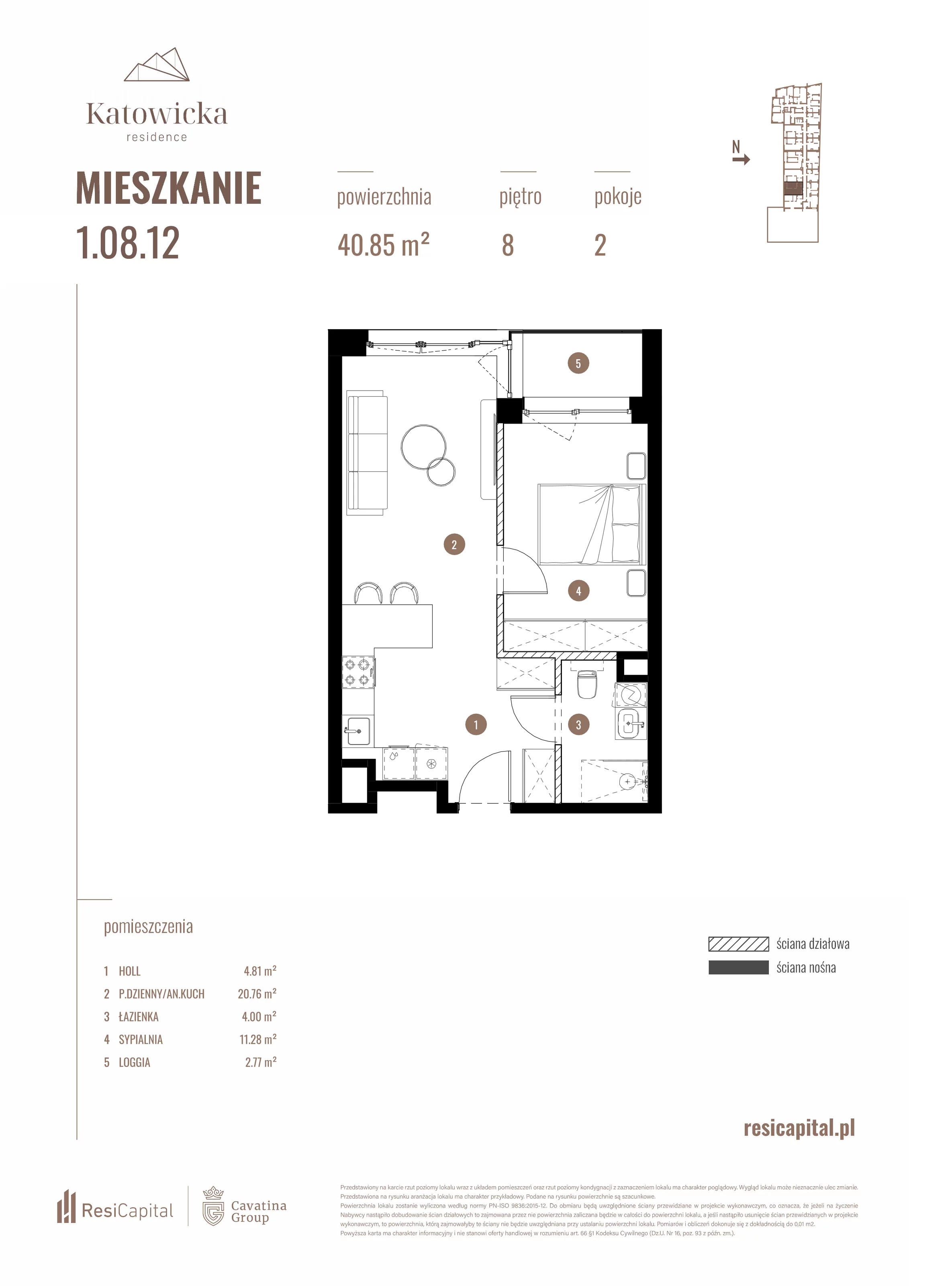 2 pokoje, apartament 40,85 m², piętro 8, oferta nr 1.08.12., Katowicka Residence, Katowice, Bogucice, ul. Katowicka