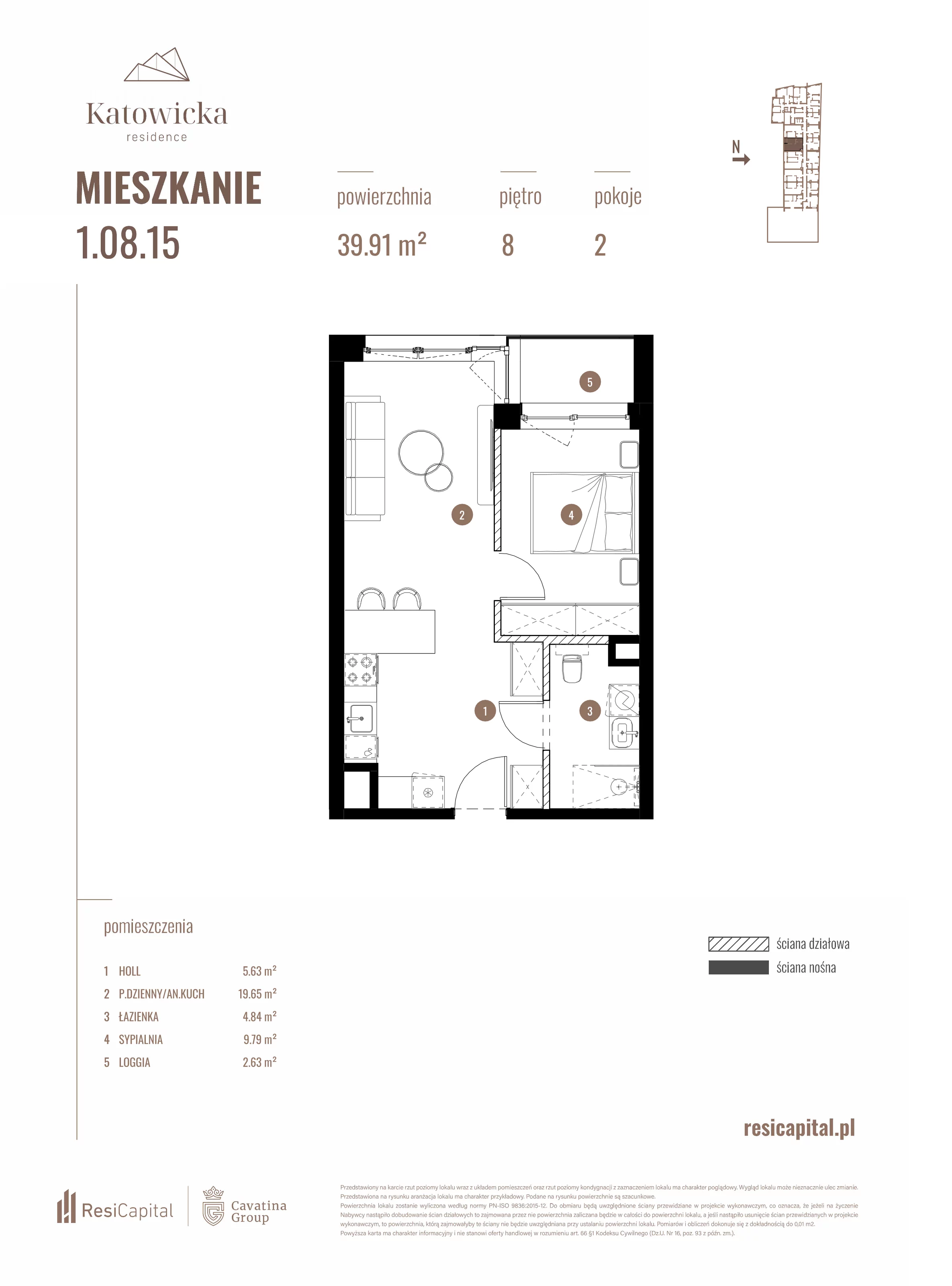 2 pokoje, apartament 39,91 m², piętro 8, oferta nr 1.08.15., Katowicka Residence, Katowice, Bogucice, ul. Katowicka