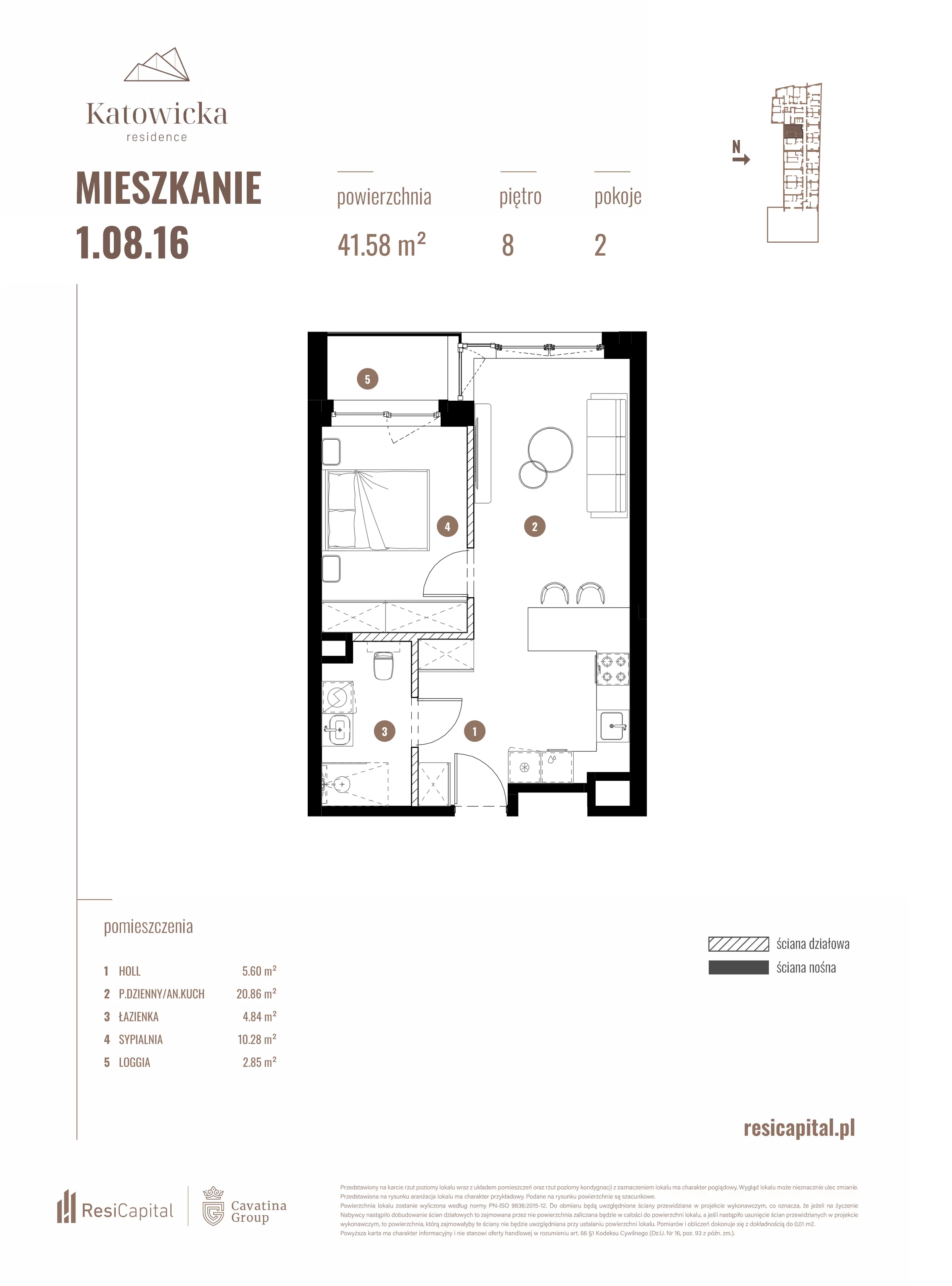 2 pokoje, apartament 41,58 m², piętro 8, oferta nr 1.08.16., Katowicka Residence, Katowice, Bogucice, ul. Katowicka