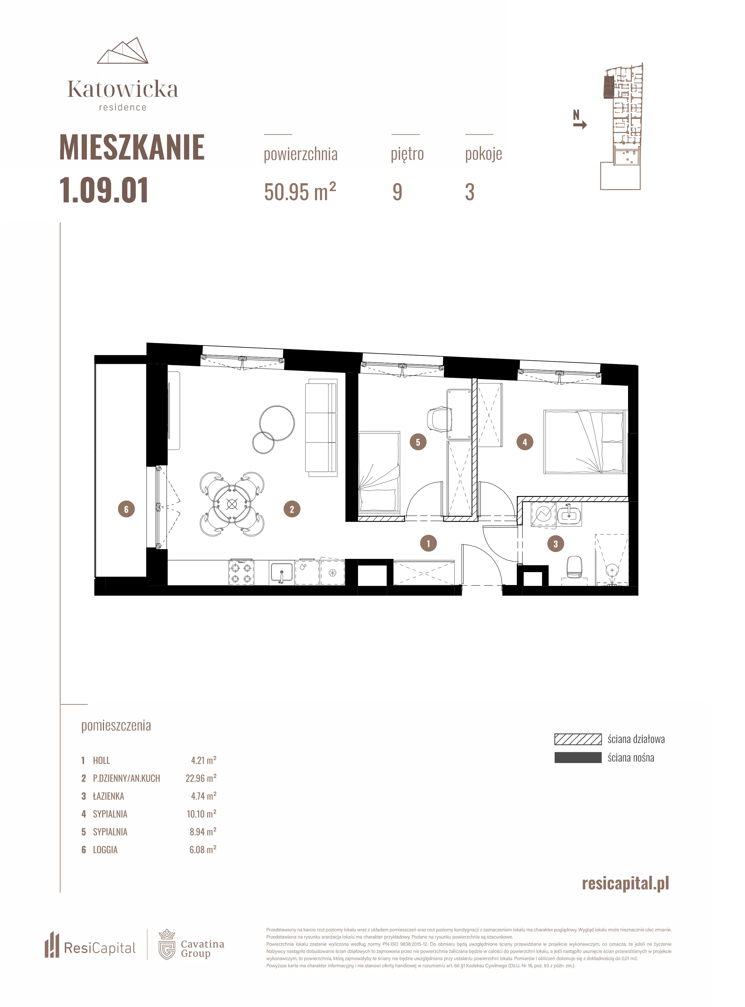 3 pokoje, apartament 50,95 m², piętro 9, oferta nr 1.09.01., Katowicka Residence, Katowice, Bogucice, ul. Katowicka