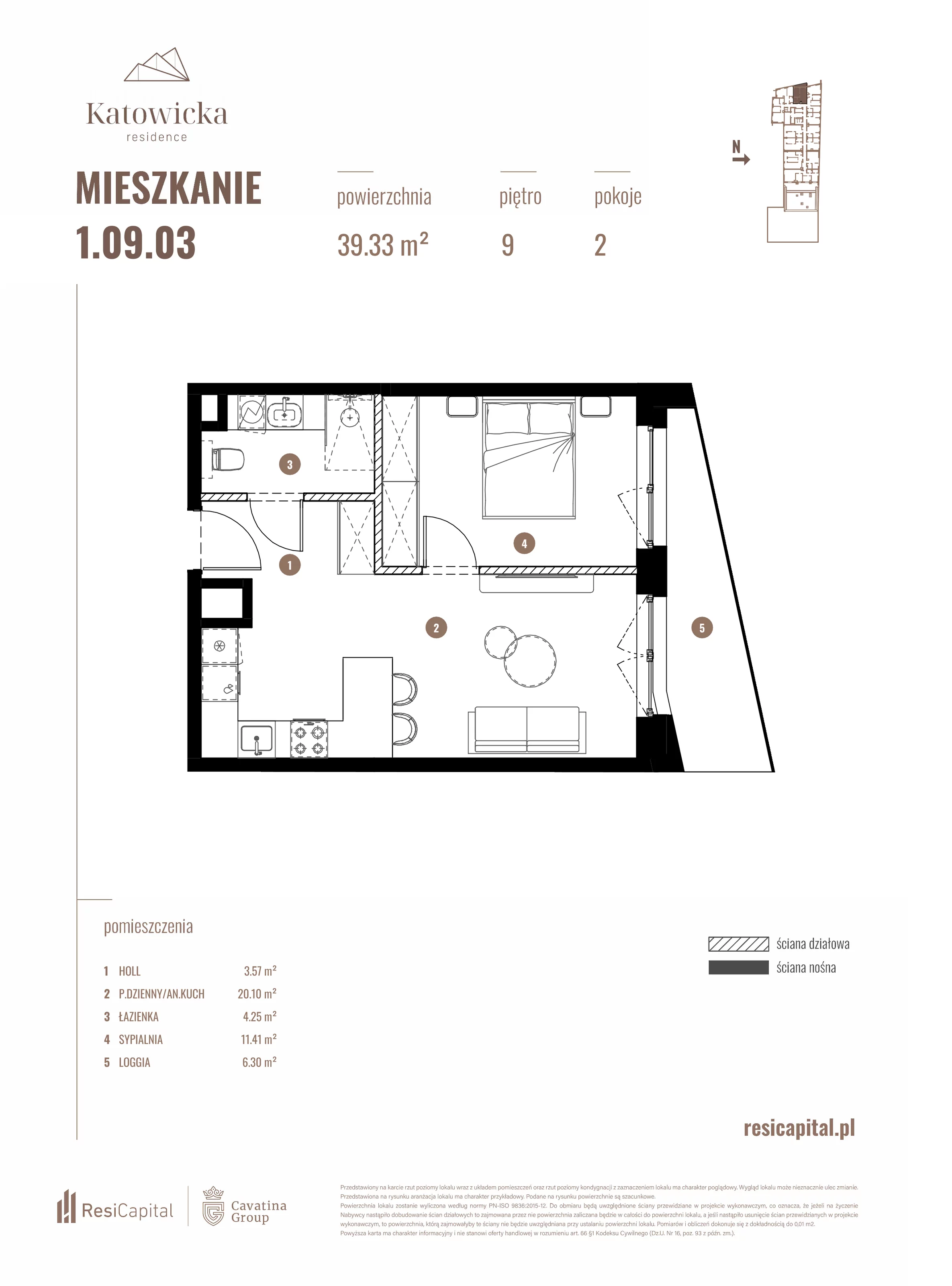 2 pokoje, apartament 39,33 m², piętro 9, oferta nr 1.09.03., Katowicka Residence, Katowice, Bogucice, ul. Katowicka