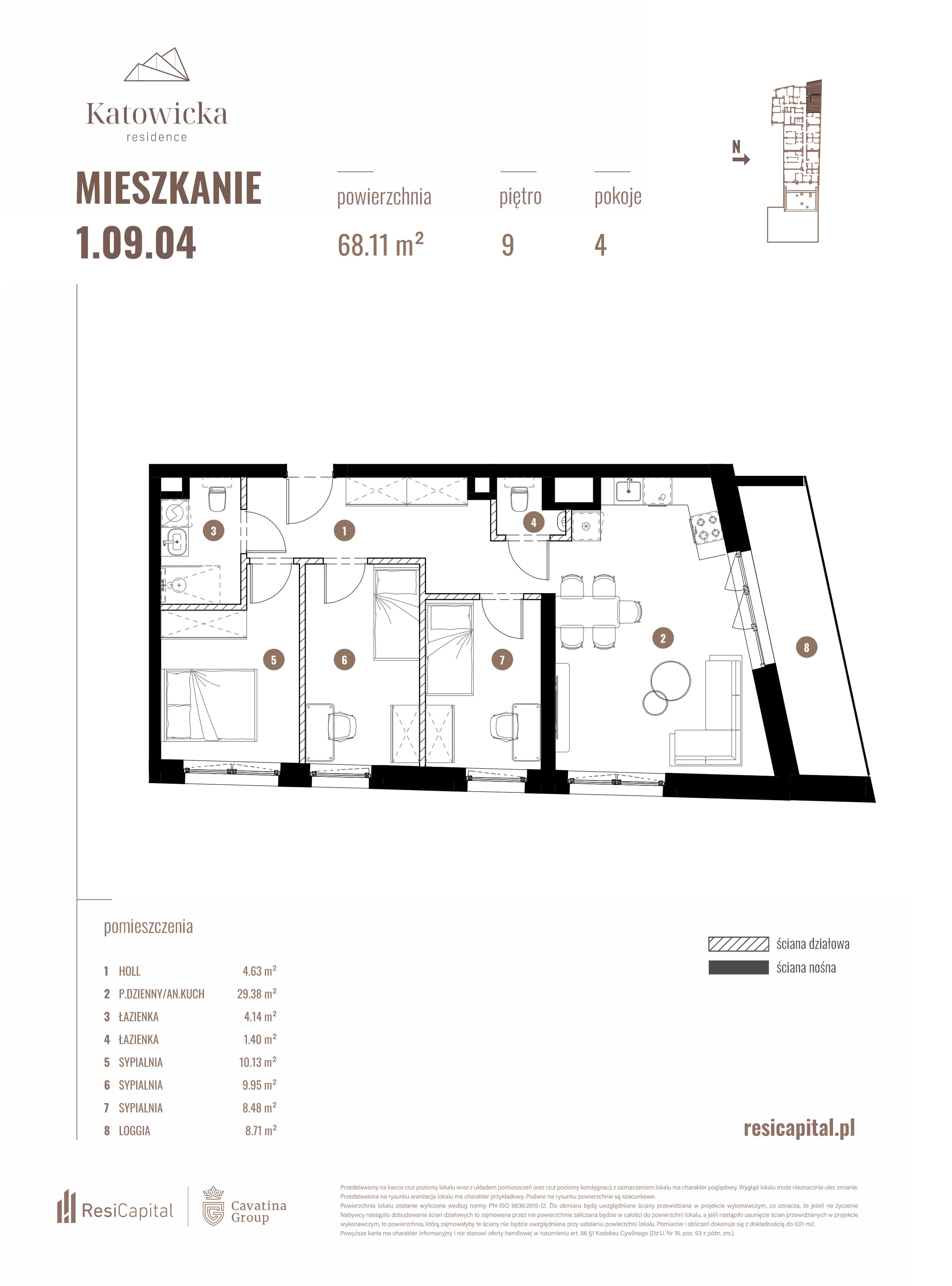 4 pokoje, apartament 68,11 m², piętro 9, oferta nr 1.09.04., Katowicka Residence, Katowice, Bogucice, ul. Katowicka