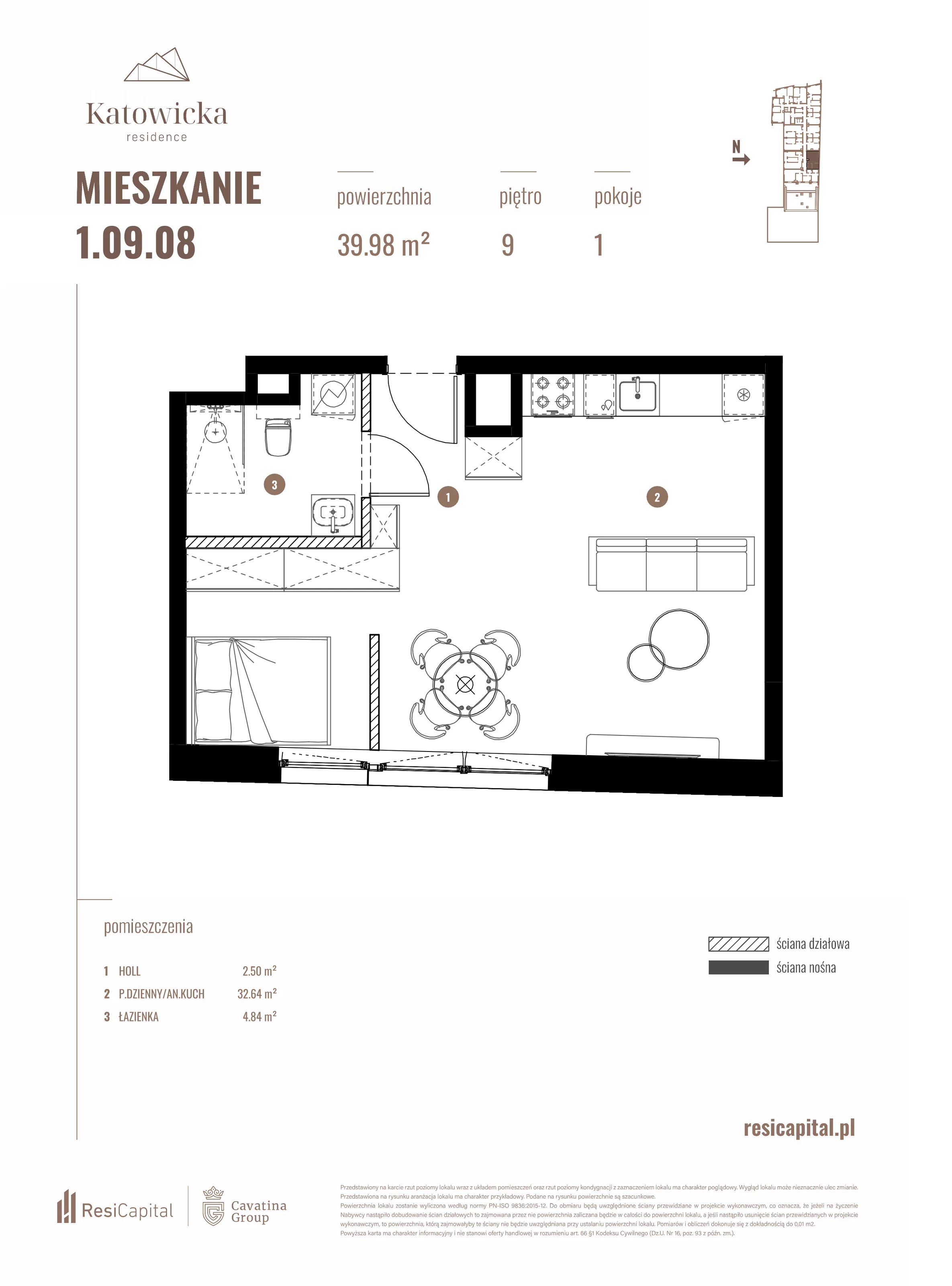 1 pokój, apartament 39,98 m², piętro 9, oferta nr 1.09.08., Katowicka Residence, Katowice, Bogucice, ul. Katowicka