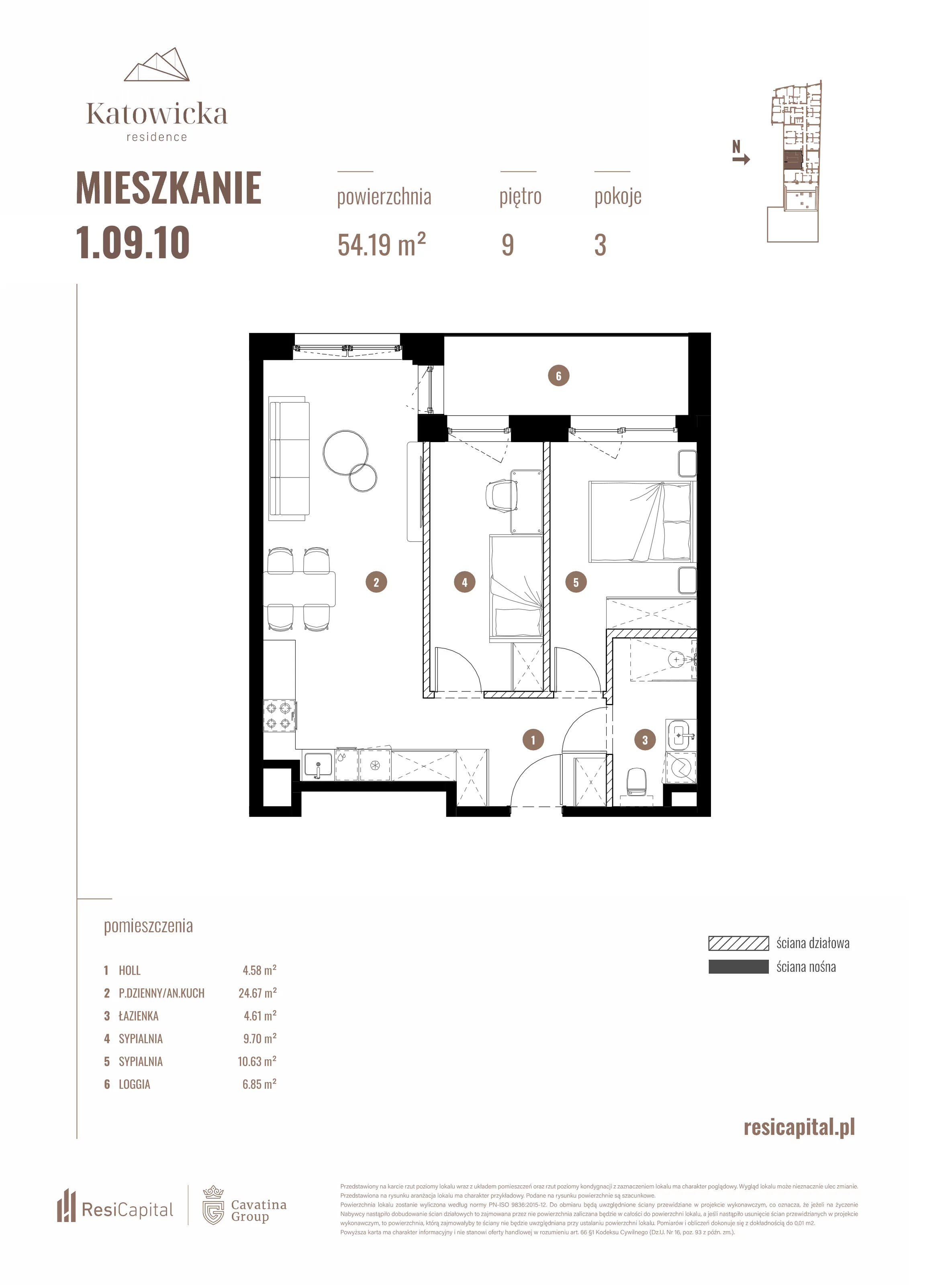 3 pokoje, apartament 54,19 m², piętro 9, oferta nr 1.09.10., Katowicka Residence, Katowice, Bogucice, ul. Katowicka