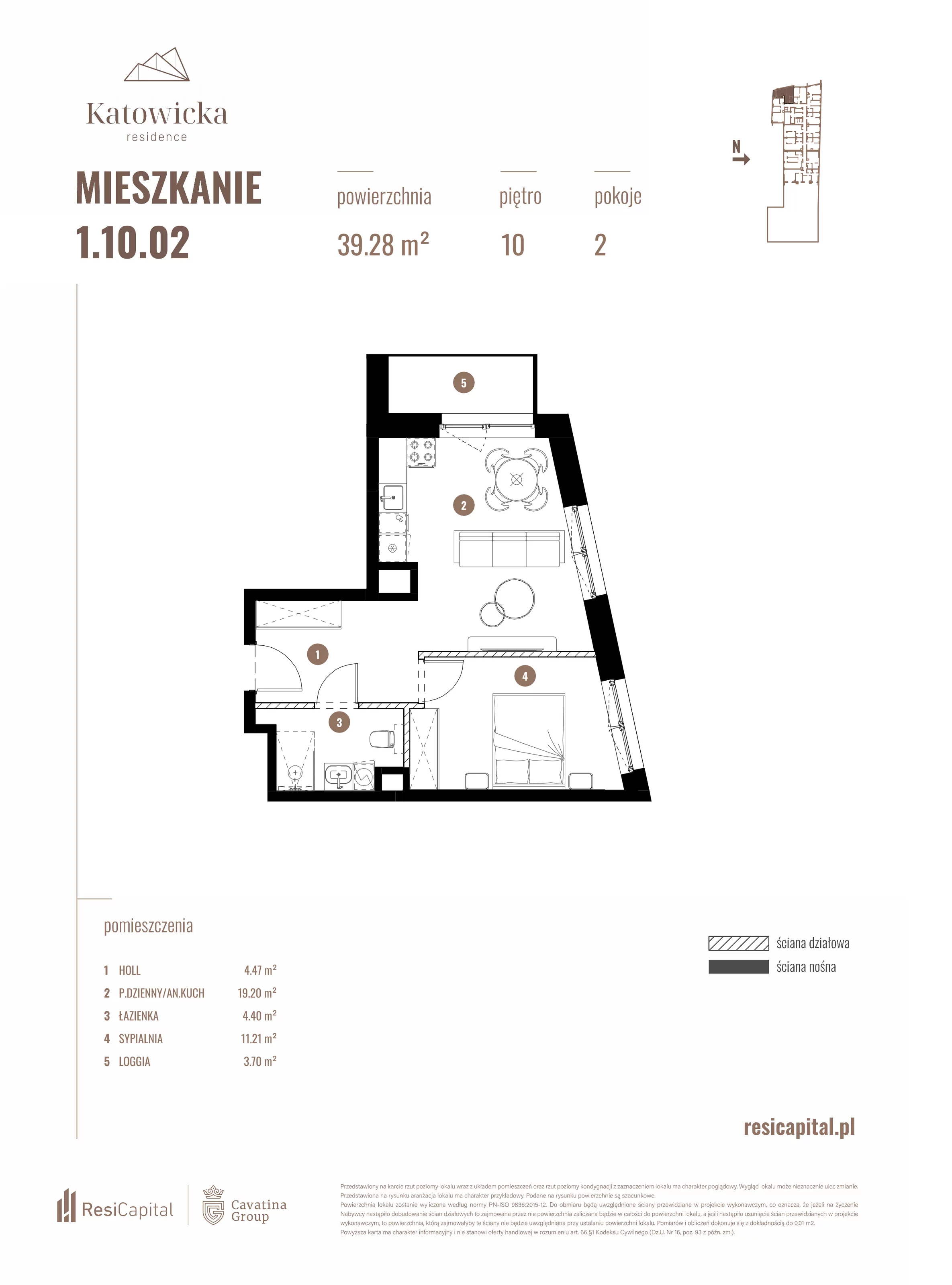 2 pokoje, apartament 39,28 m², piętro 10, oferta nr 1.10.02., Katowicka Residence, Katowice, Bogucice, ul. Katowicka
