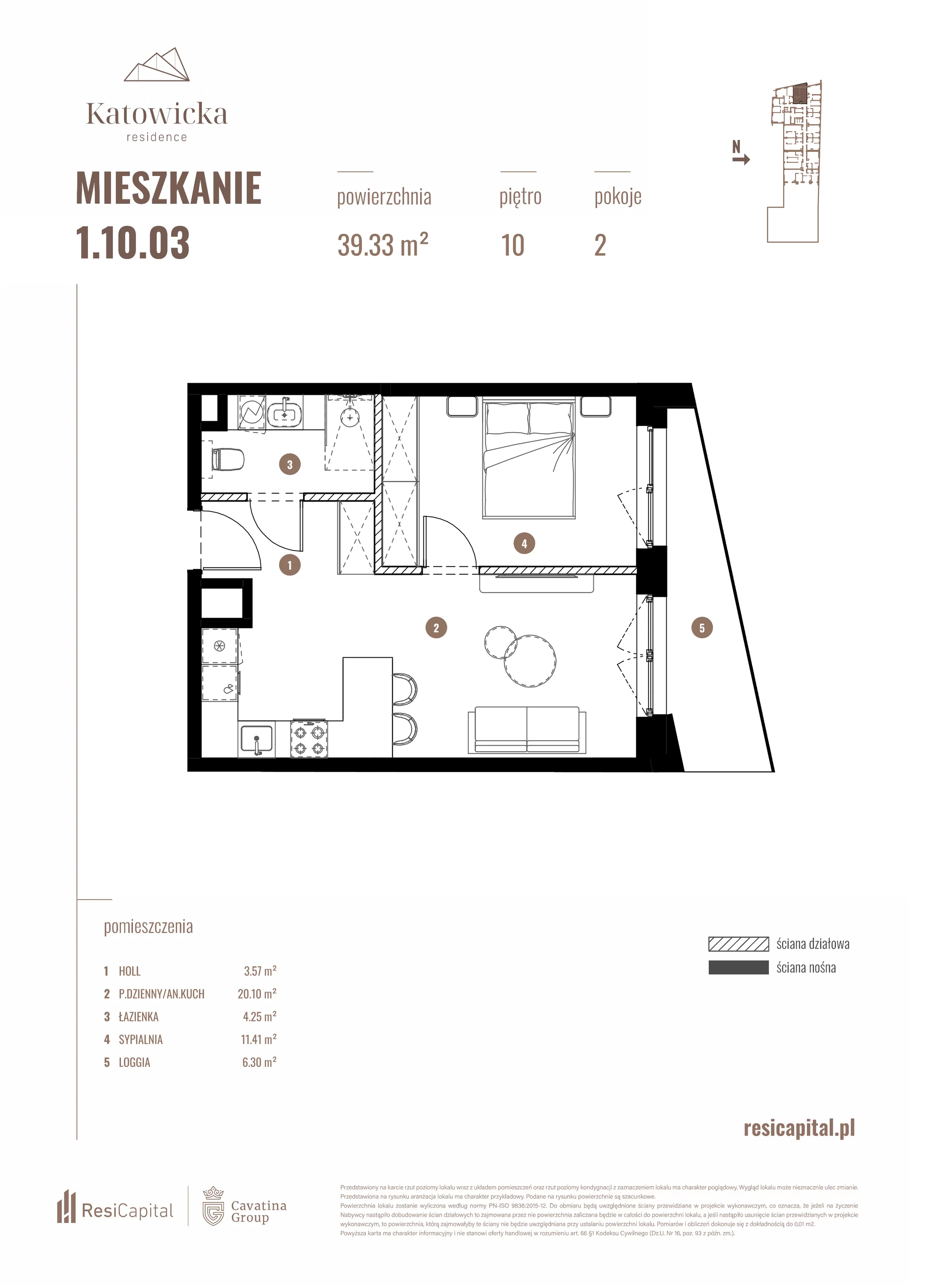 2 pokoje, apartament 39,33 m², piętro 10, oferta nr 1.10.03., Katowicka Residence, Katowice, Bogucice, ul. Katowicka