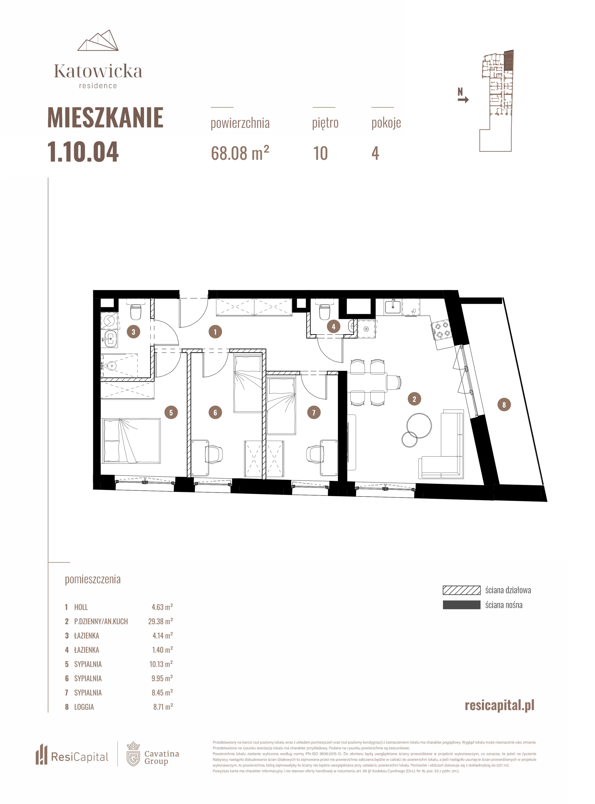 4 pokoje, apartament 68,08 m², piętro 10, oferta nr 1.10.04., Katowicka Residence, Katowice, Bogucice, ul. Katowicka