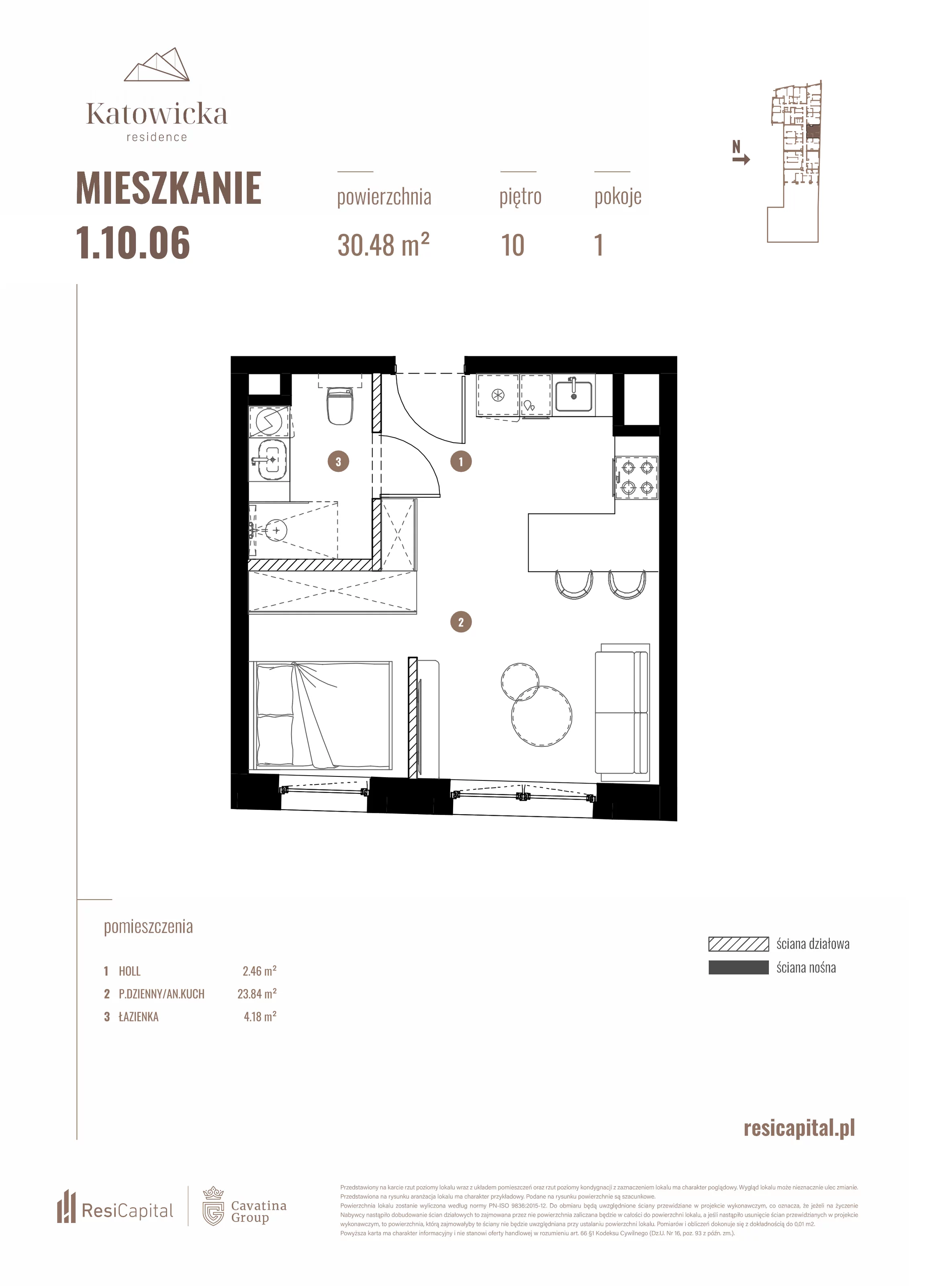 1 pokój, apartament 30,48 m², piętro 10, oferta nr 1.10.06., Katowicka Residence, Katowice, Bogucice, ul. Katowicka