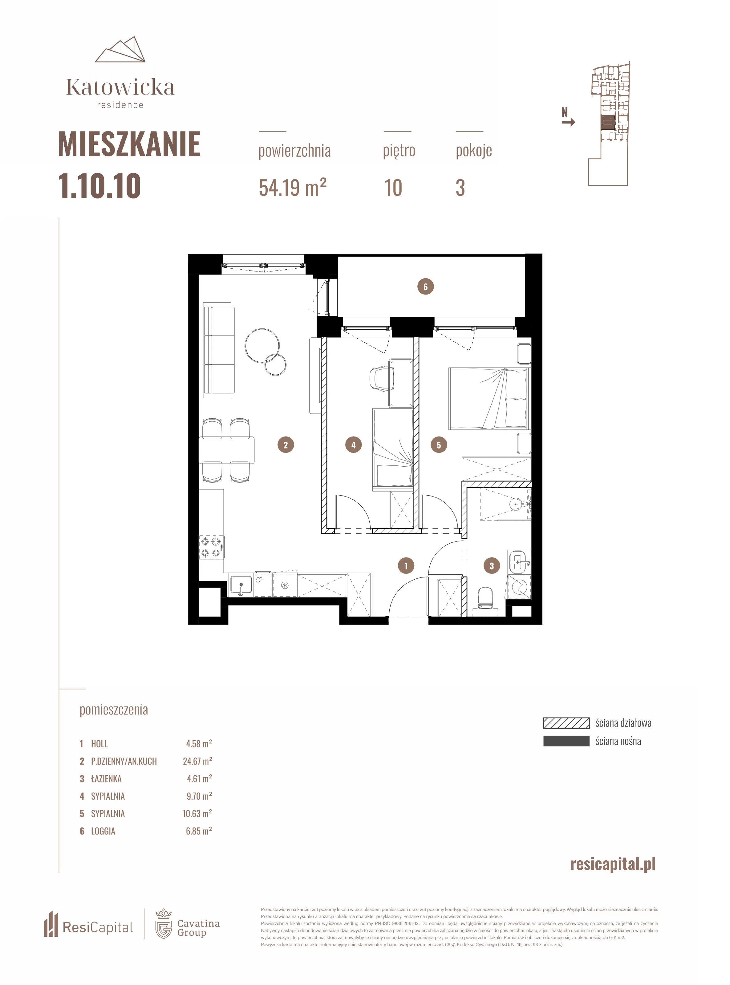 3 pokoje, apartament 54,19 m², piętro 10, oferta nr 1.10.10., Katowicka Residence, Katowice, Bogucice, ul. Katowicka