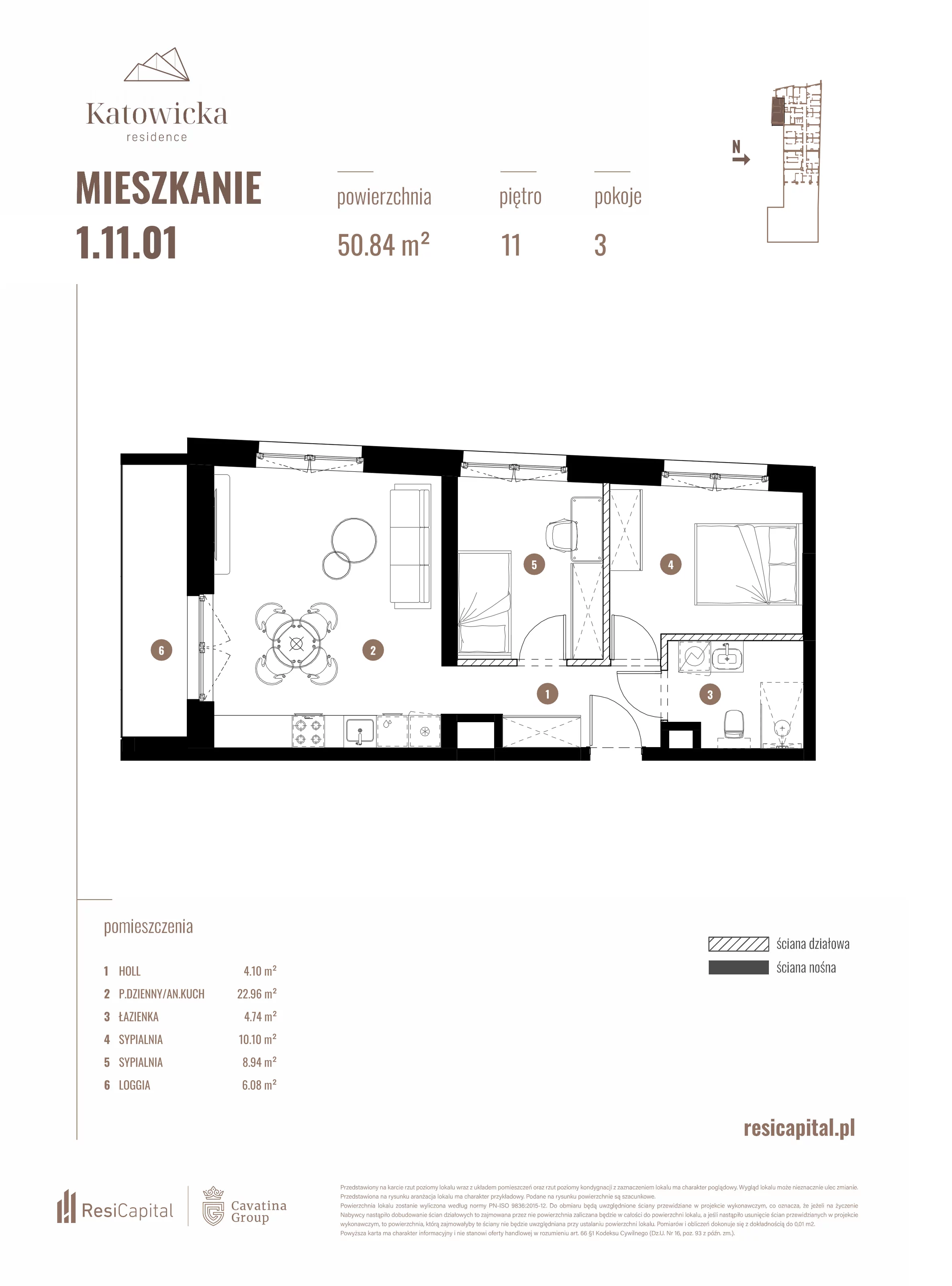 3 pokoje, apartament 50,84 m², piętro 11, oferta nr 1.11.01., Katowicka Residence, Katowice, Bogucice, ul. Katowicka