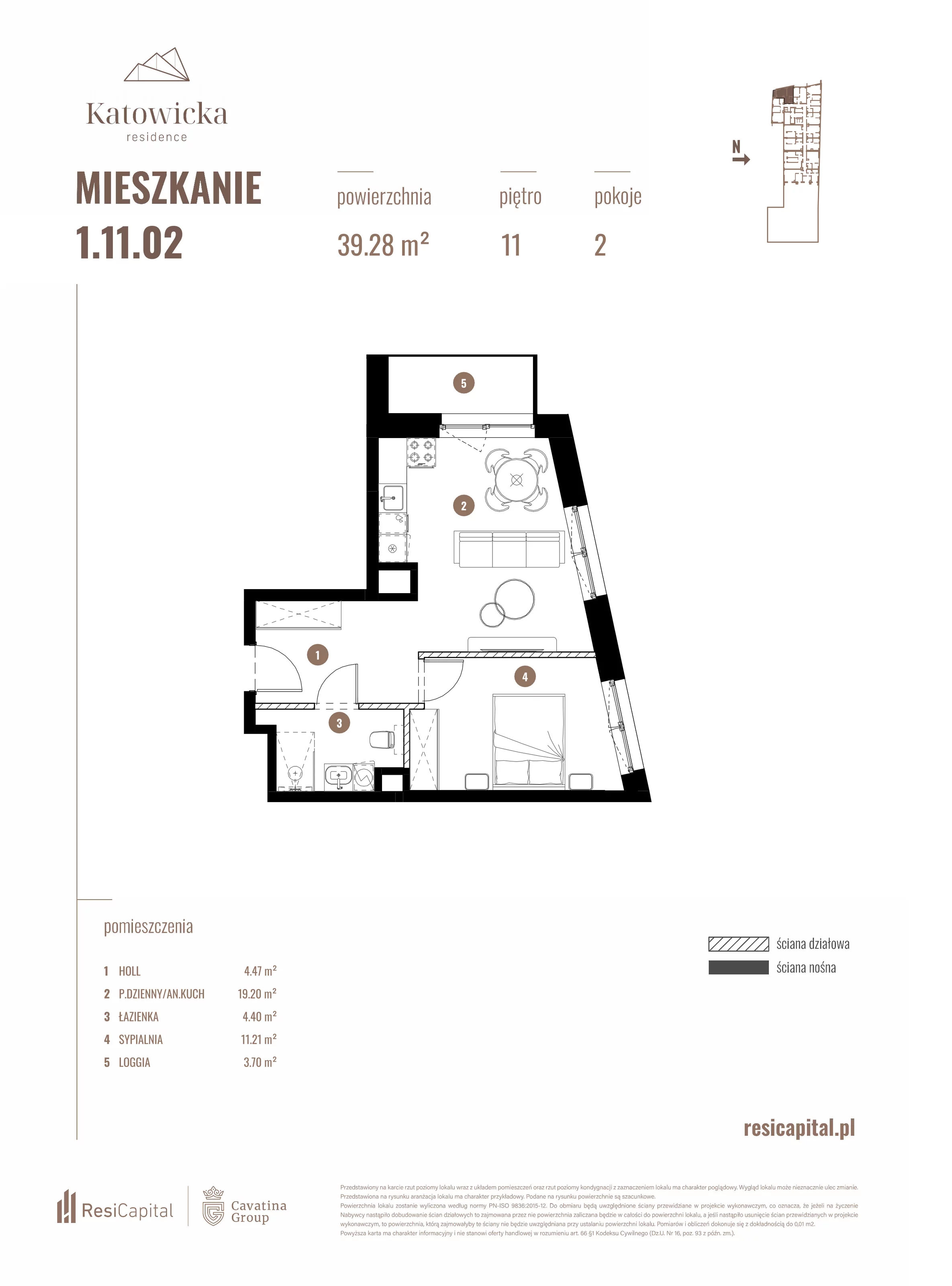 2 pokoje, apartament 39,28 m², piętro 11, oferta nr 1.11.02., Katowicka Residence, Katowice, Bogucice, ul. Katowicka