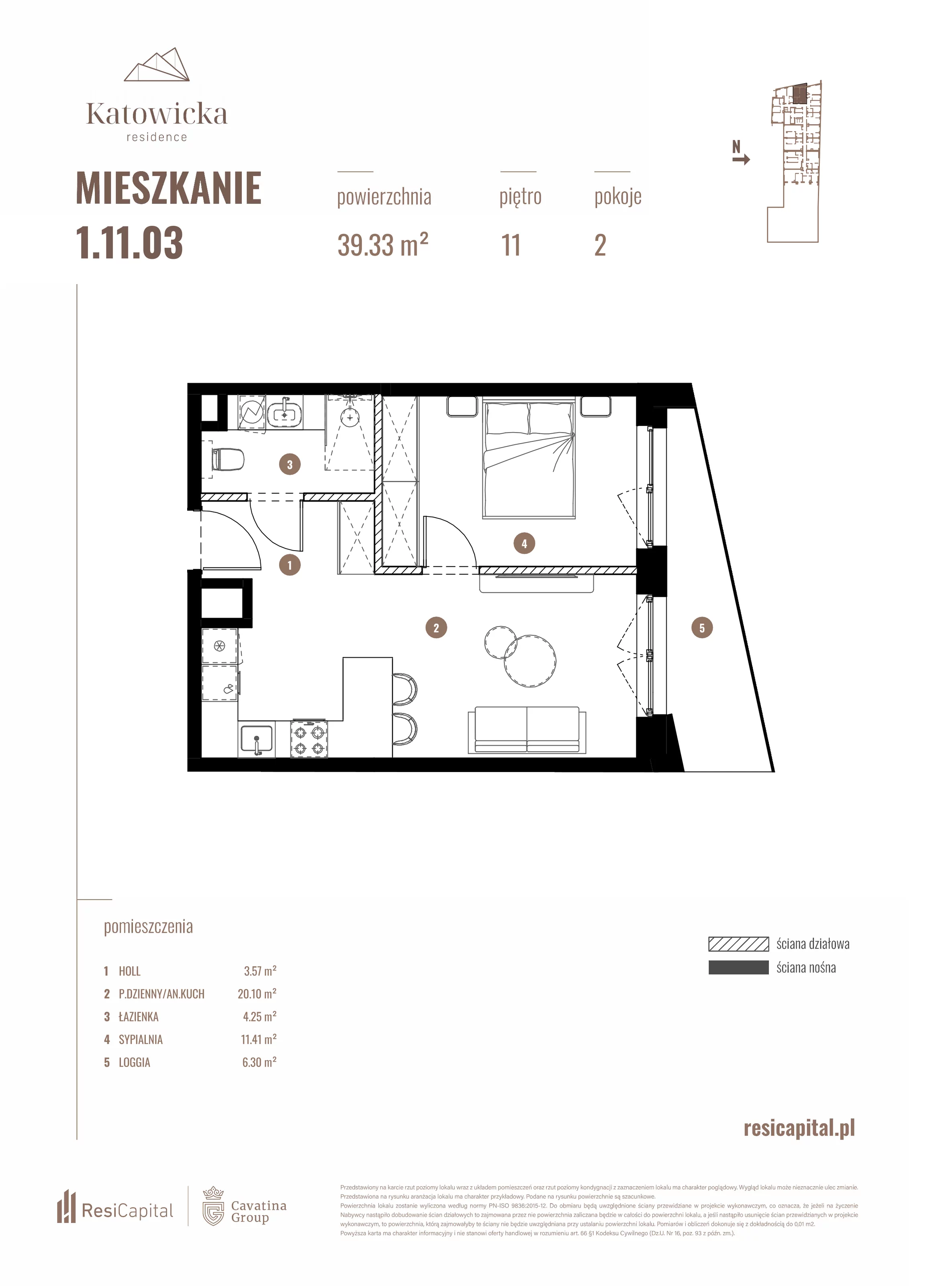 2 pokoje, apartament 39,33 m², piętro 11, oferta nr 1.11.03., Katowicka Residence, Katowice, Bogucice, ul. Katowicka