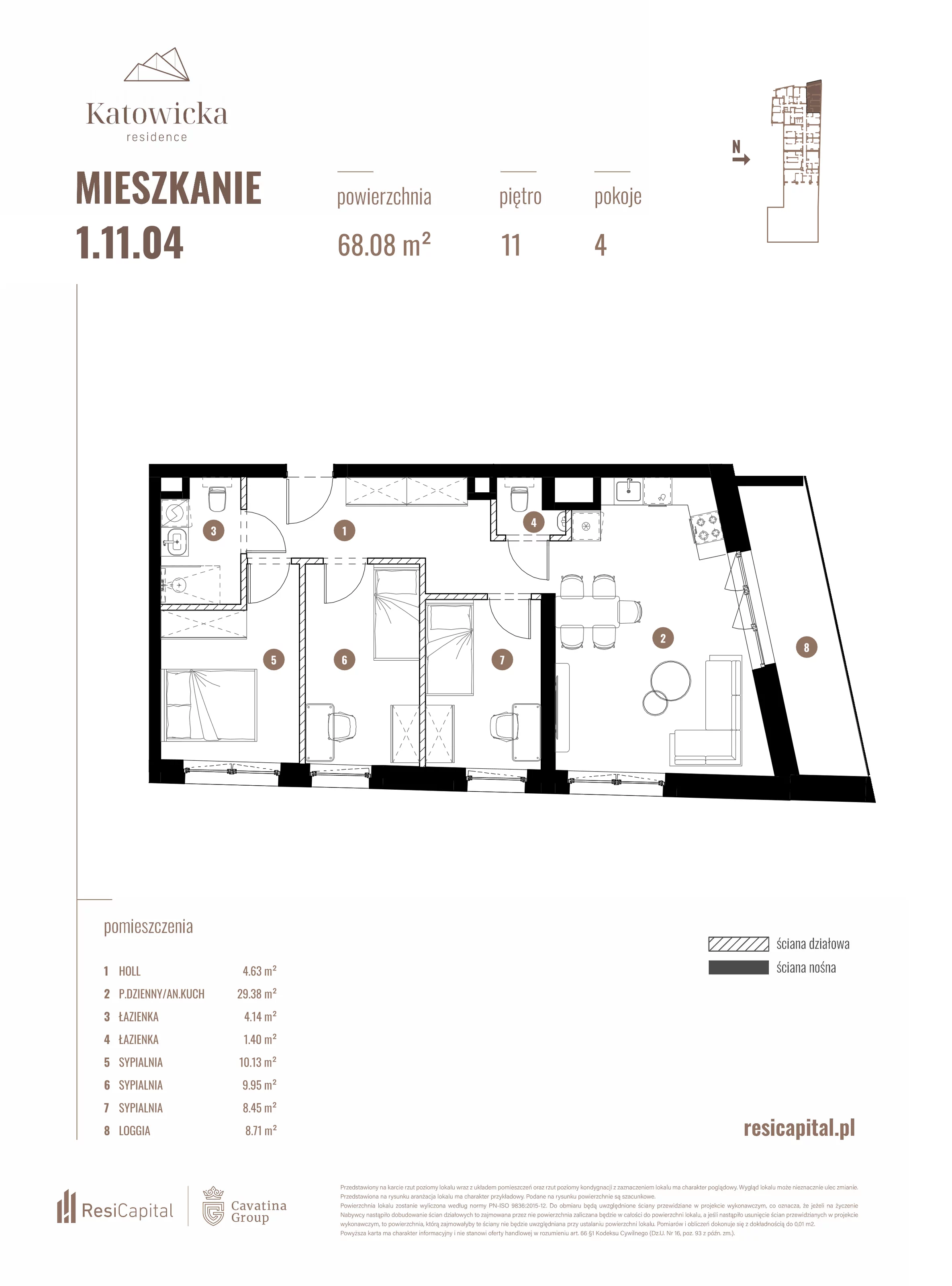 4 pokoje, apartament 68,08 m², piętro 11, oferta nr 1.11.04., Katowicka Residence, Katowice, Bogucice, ul. Katowicka