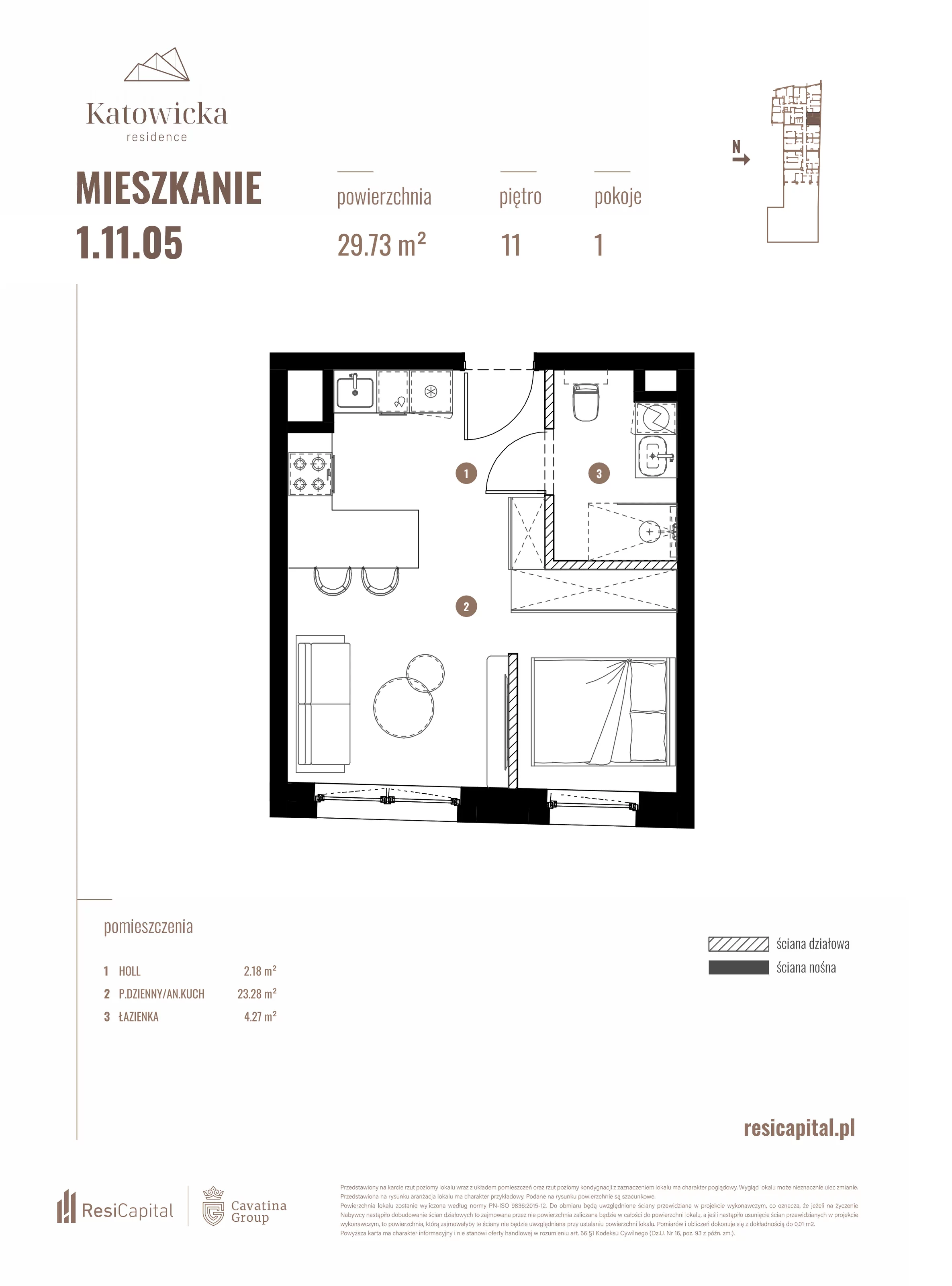 1 pokój, apartament 29,73 m², piętro 11, oferta nr 1.11.05., Katowicka Residence, Katowice, Bogucice, ul. Katowicka
