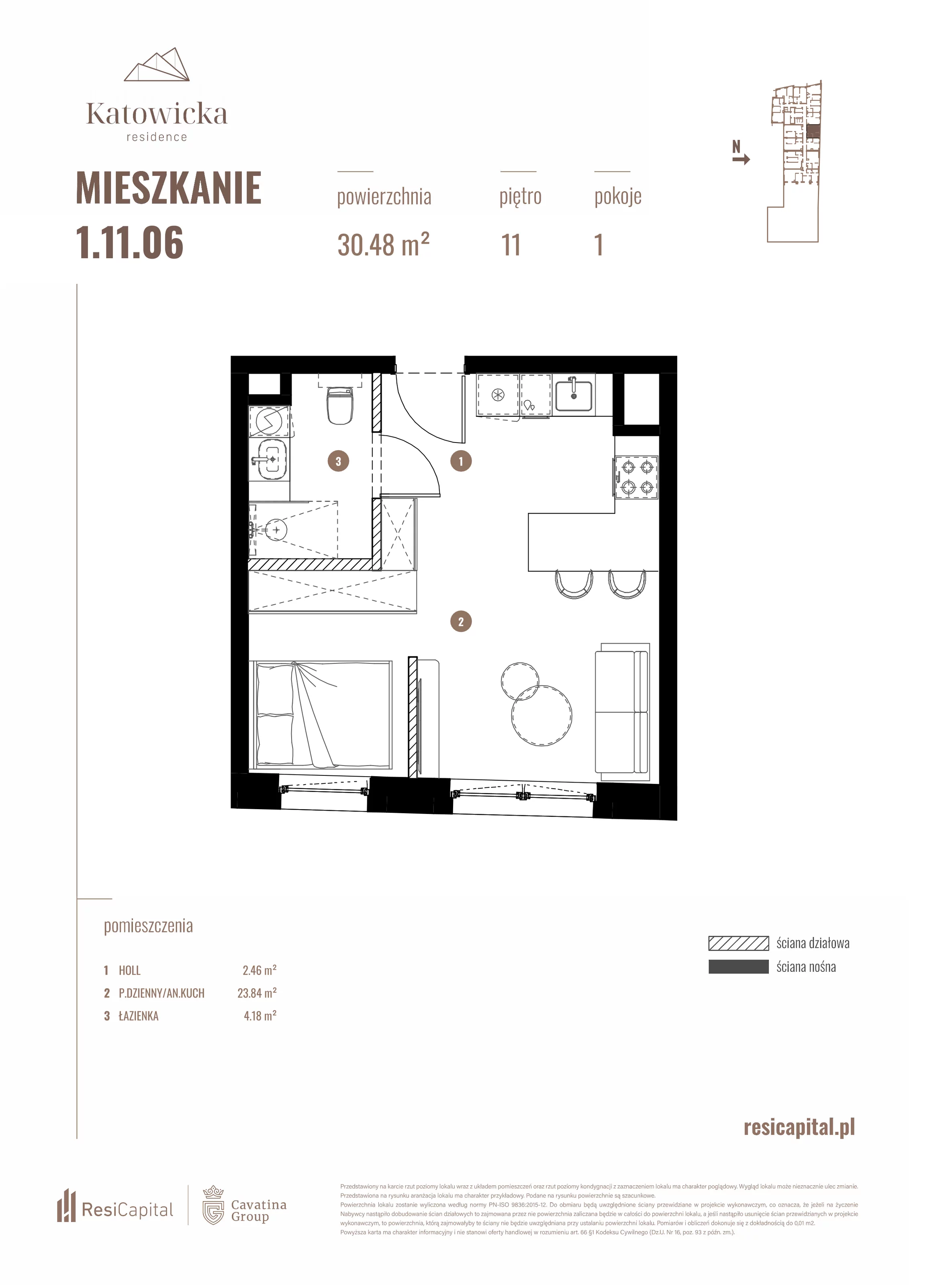 1 pokój, apartament 30,48 m², piętro 11, oferta nr 1.11.06., Katowicka Residence, Katowice, Bogucice, ul. Katowicka