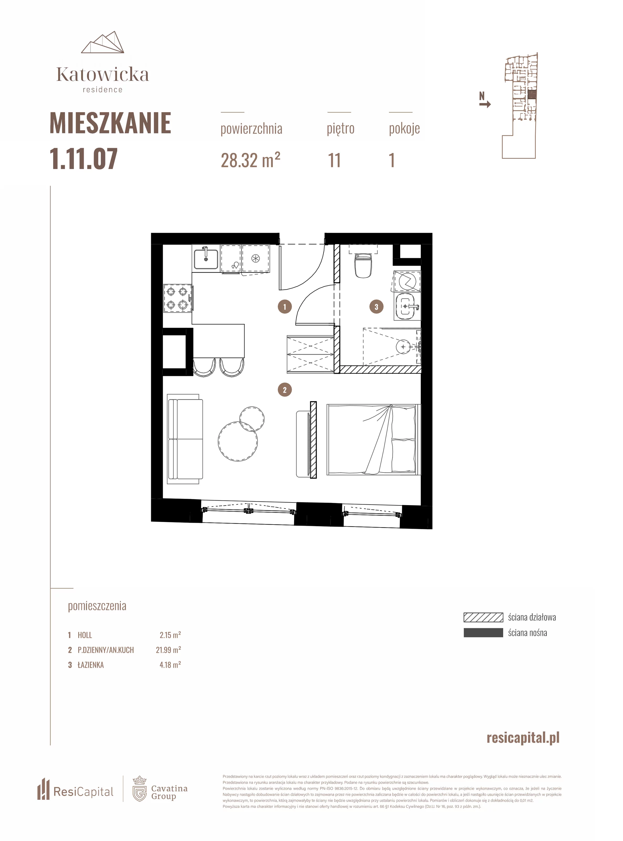 1 pokój, apartament 28,32 m², piętro 11, oferta nr 1.11.07., Katowicka Residence, Katowice, Bogucice, ul. Katowicka