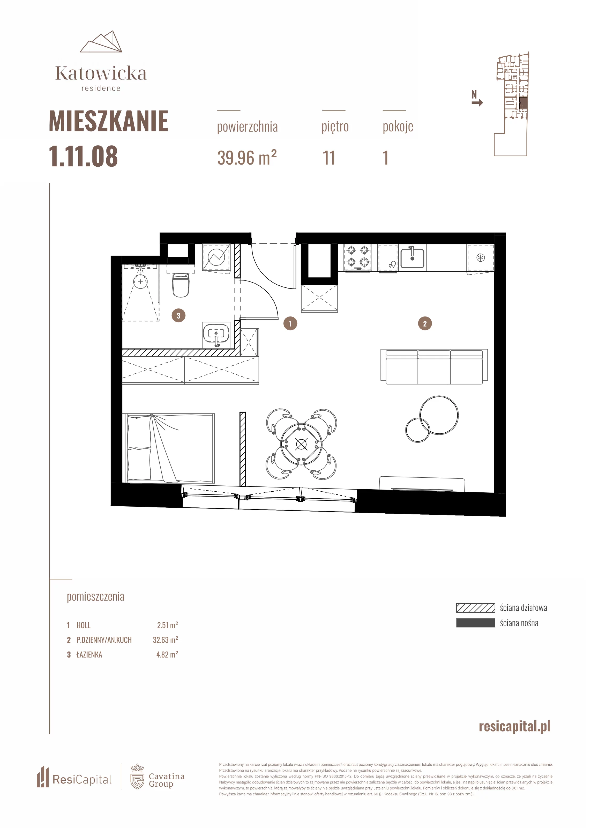 1 pokój, apartament 39,96 m², piętro 11, oferta nr 1.11.08., Katowicka Residence, Katowice, Bogucice, ul. Katowicka
