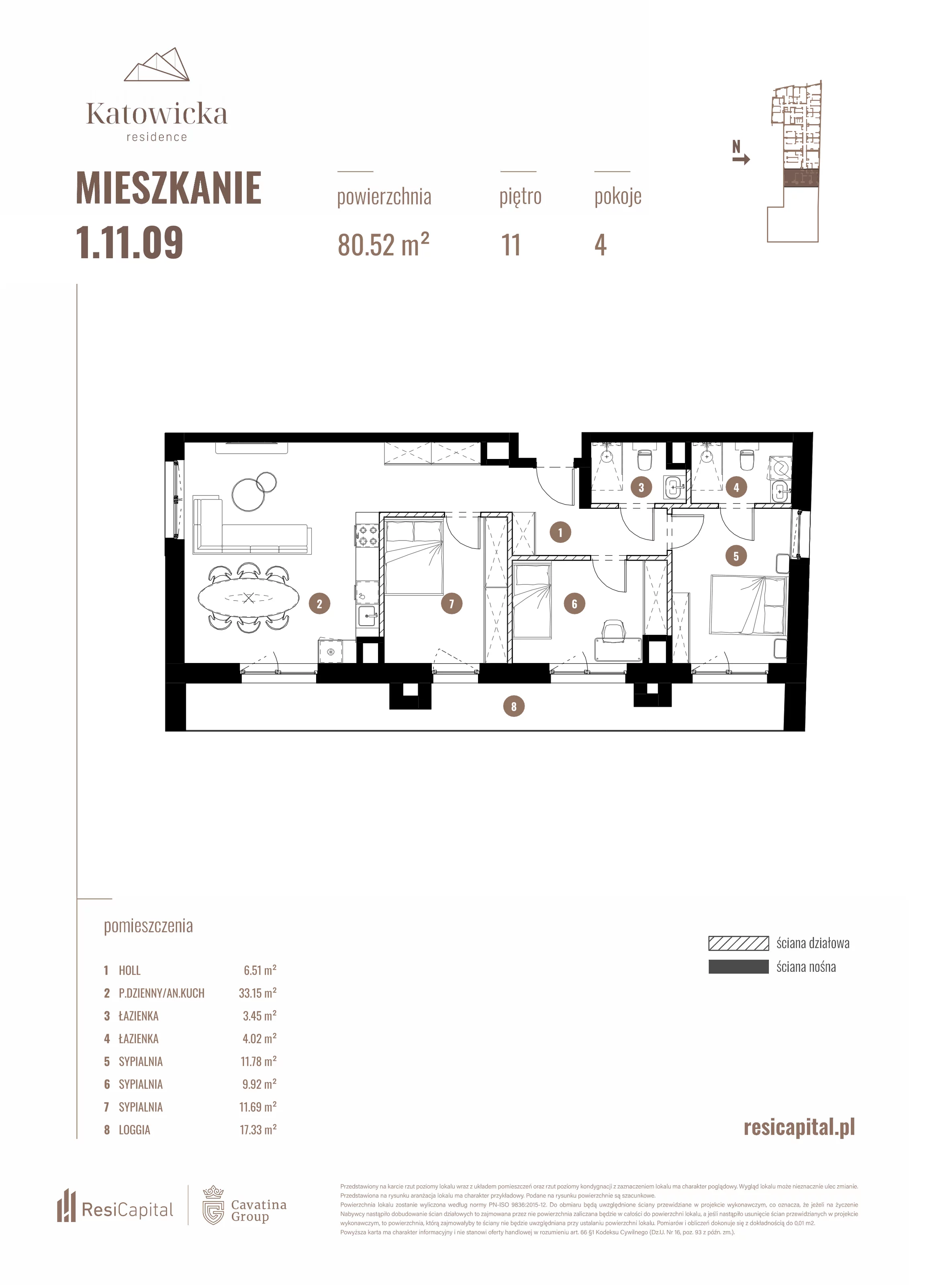 4 pokoje, apartament 80,52 m², piętro 11, oferta nr 1.11.09., Katowicka Residence, Katowice, Bogucice, ul. Katowicka
