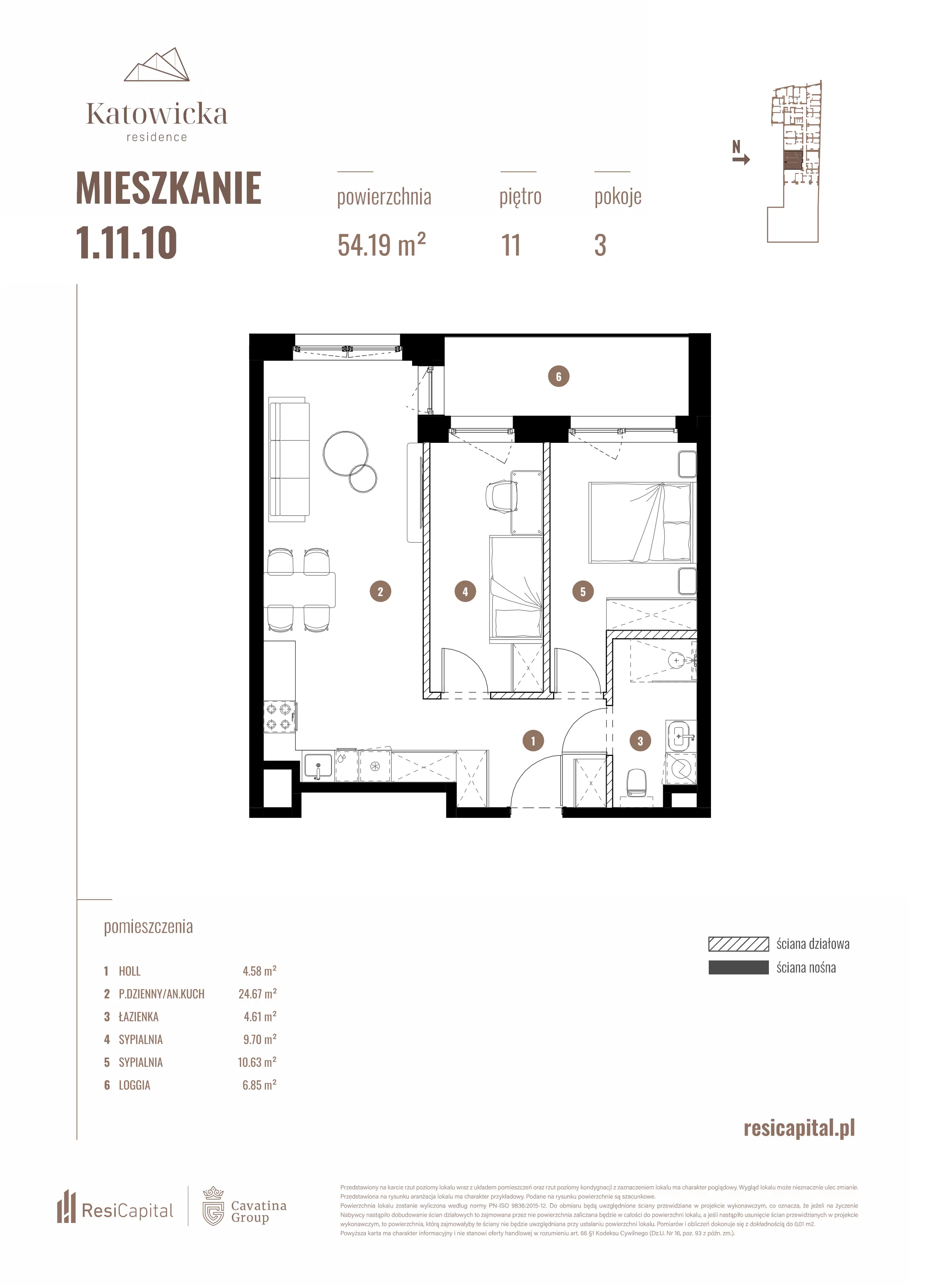 3 pokoje, apartament 54,19 m², piętro 11, oferta nr 1.11.10., Katowicka Residence, Katowice, Bogucice, ul. Katowicka