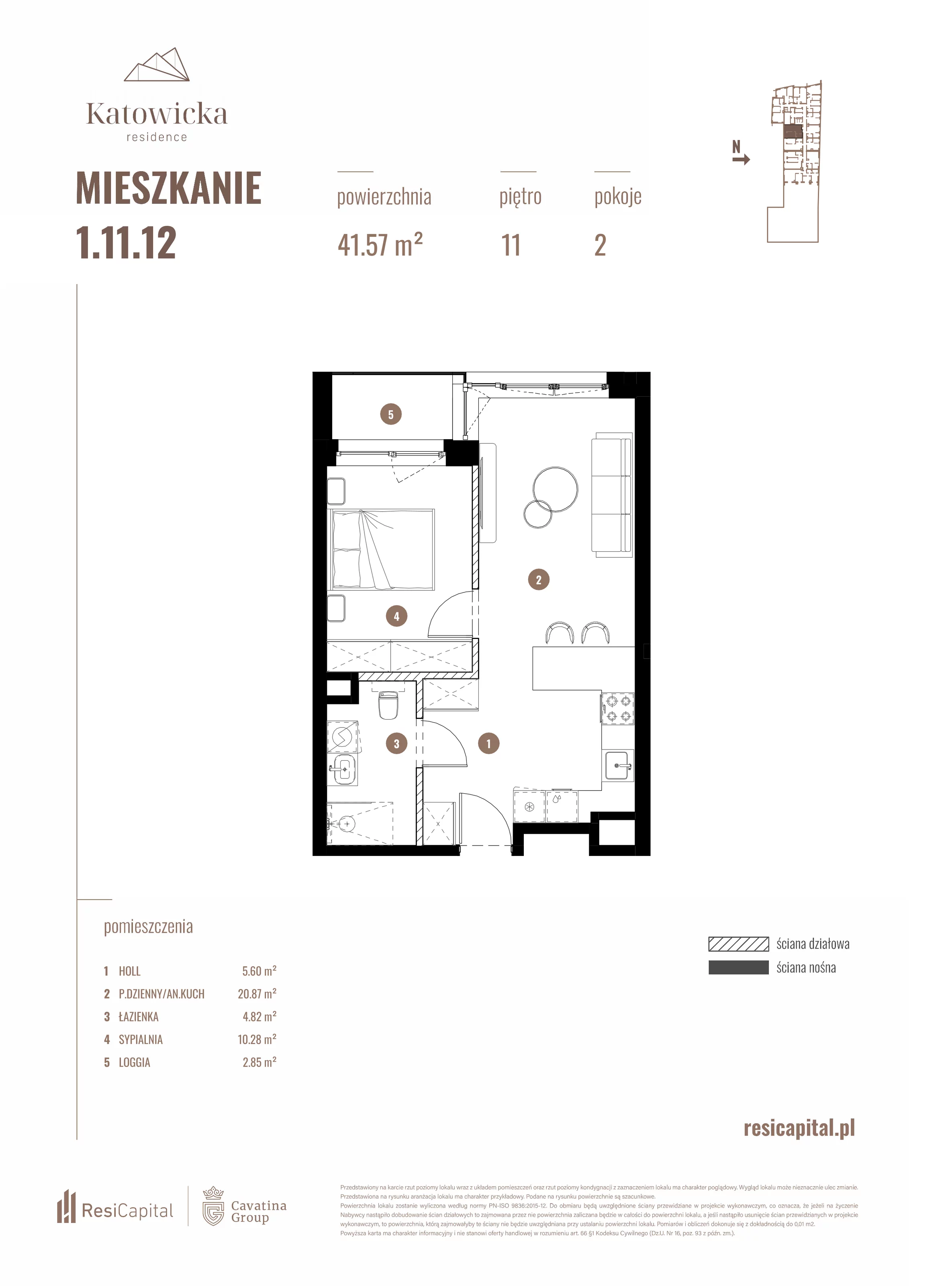 2 pokoje, apartament 41,57 m², piętro 11, oferta nr 1.11.12., Katowicka Residence, Katowice, Bogucice, ul. Katowicka