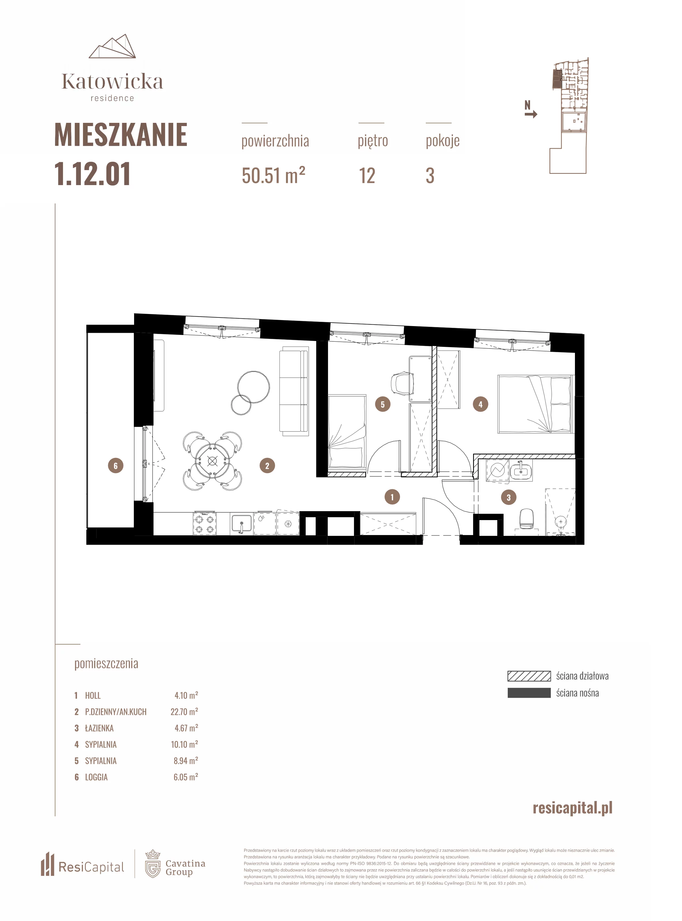 3 pokoje, apartament 50,51 m², piętro 12, oferta nr 1.12.01., Katowicka Residence, Katowice, Bogucice, ul. Katowicka
