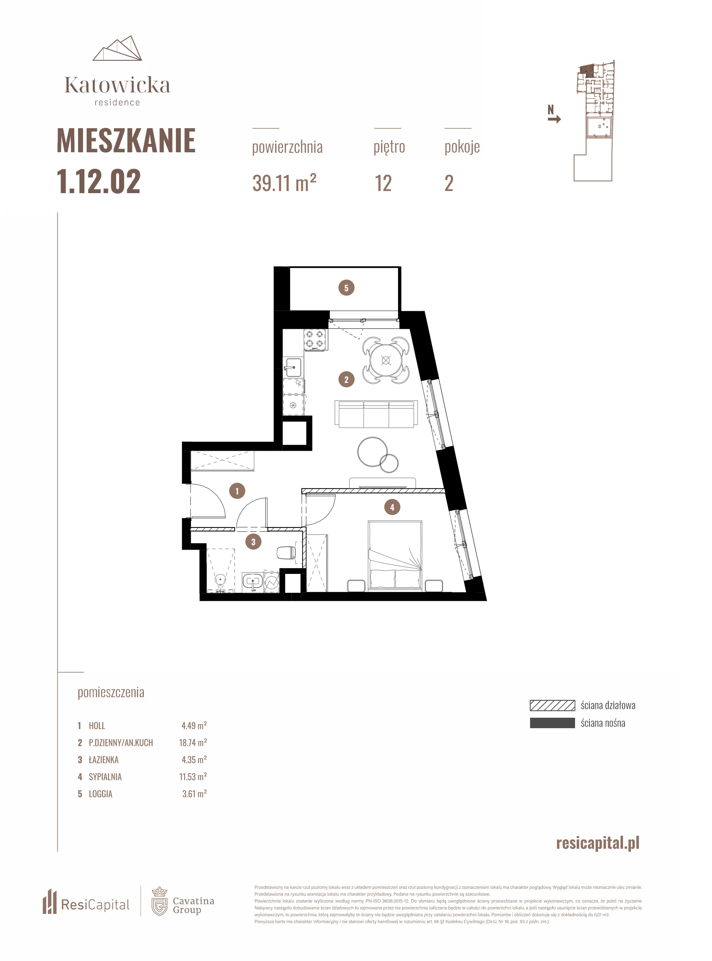 2 pokoje, apartament 39,11 m², piętro 12, oferta nr 1.12.02., Katowicka Residence, Katowice, Bogucice, ul. Katowicka