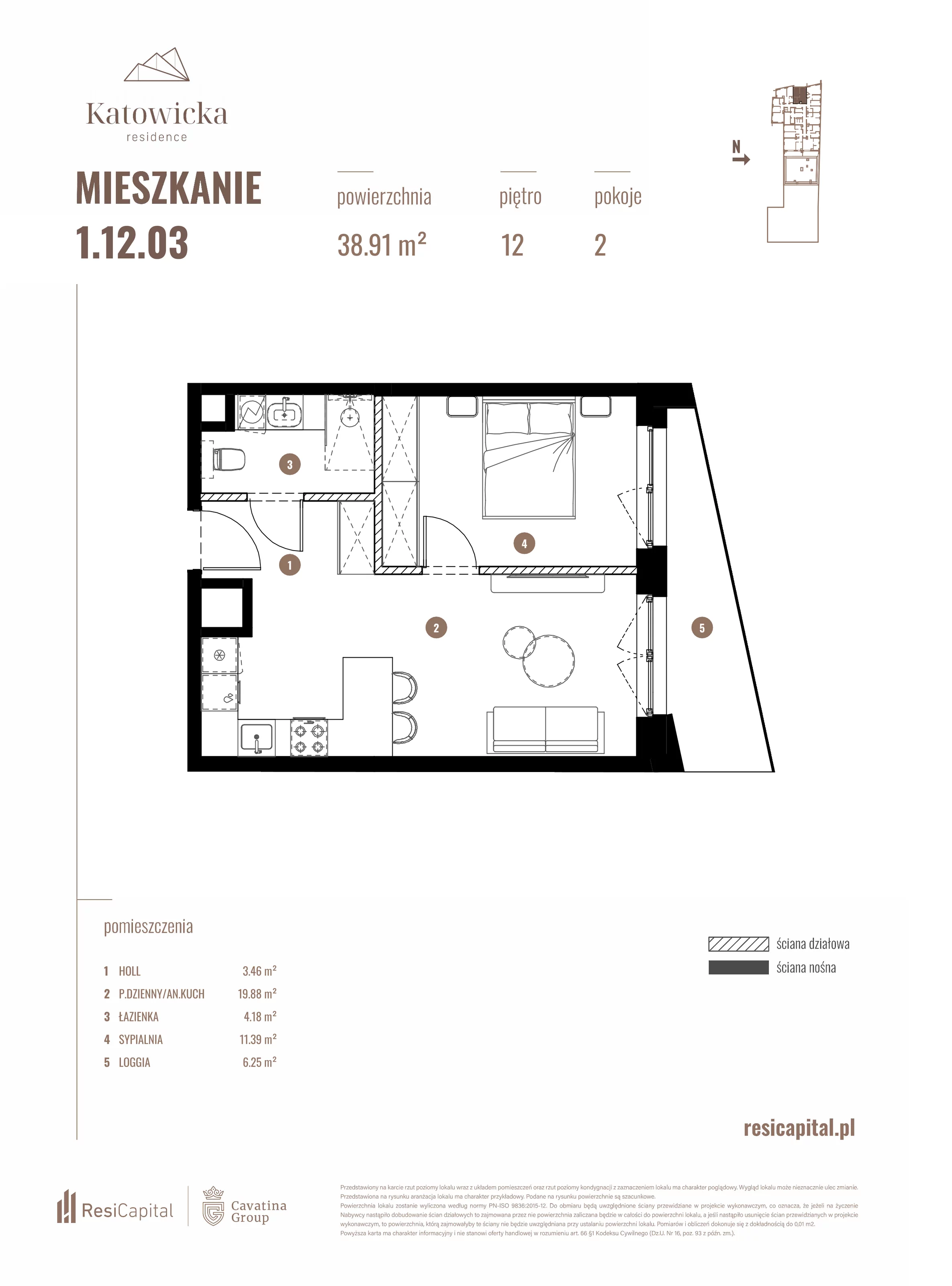 2 pokoje, apartament 38,91 m², piętro 12, oferta nr 1.12.03., Katowicka Residence, Katowice, Bogucice, ul. Katowicka