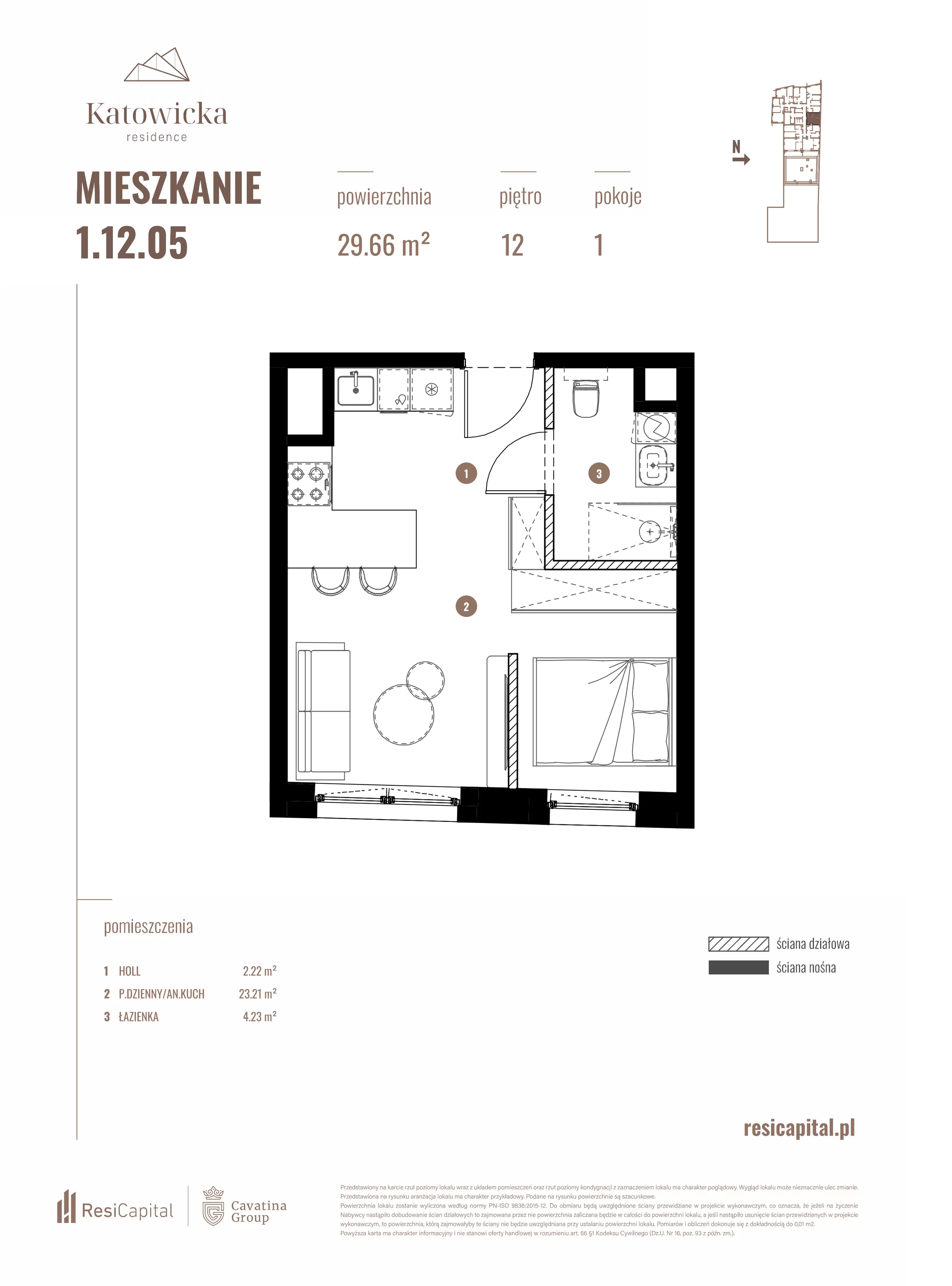 1 pokój, apartament 29,66 m², piętro 12, oferta nr 1.12.05., Katowicka Residence, Katowice, Bogucice, ul. Katowicka