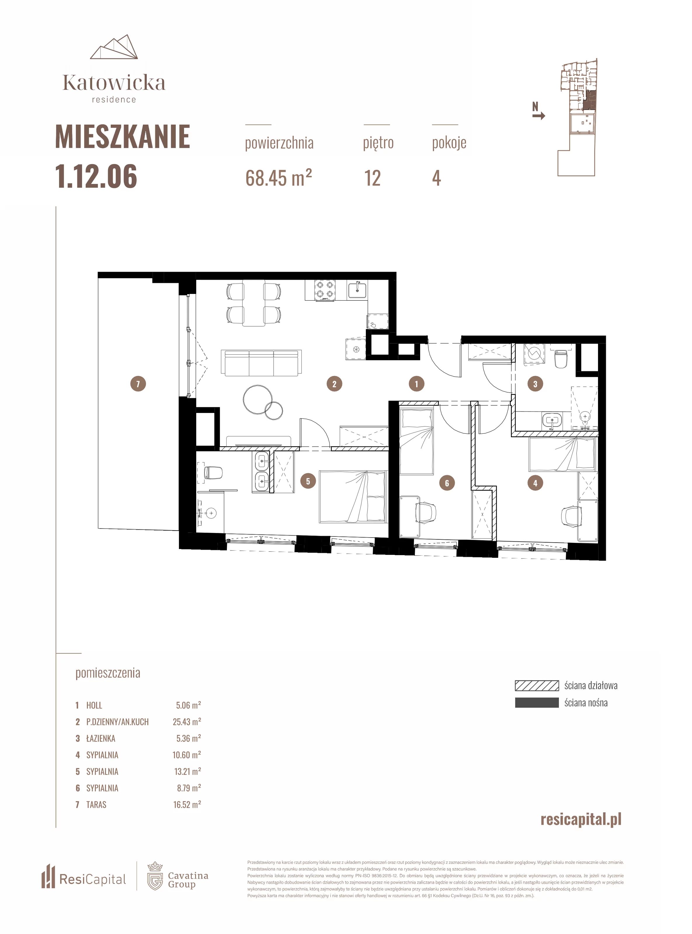 4 pokoje, apartament 68,45 m², piętro 12, oferta nr 1.12.06., Katowicka Residence, Katowice, Bogucice, ul. Katowicka