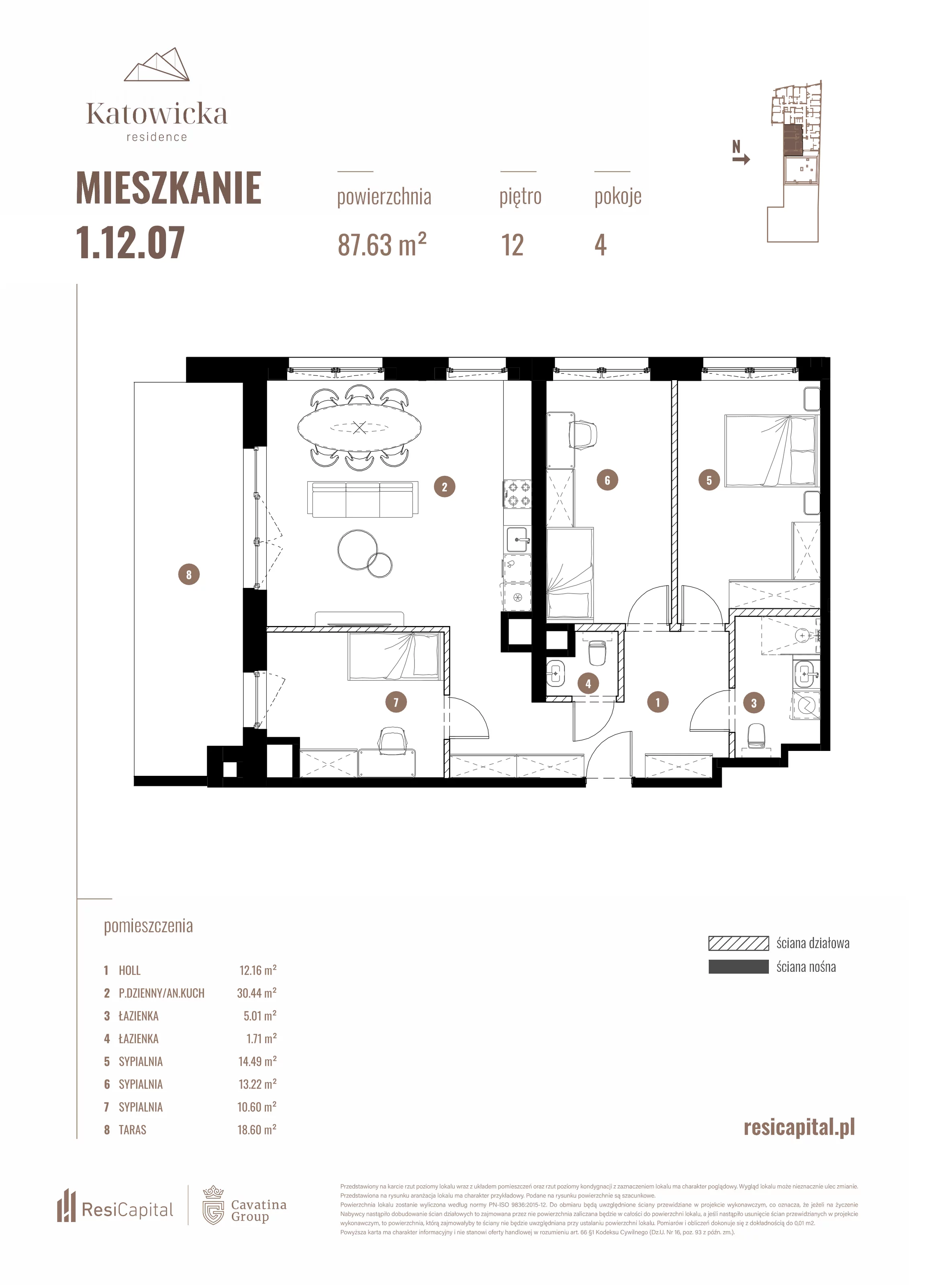 4 pokoje, apartament 87,63 m², piętro 12, oferta nr 1.12.07., Katowicka Residence, Katowice, Bogucice, ul. Katowicka