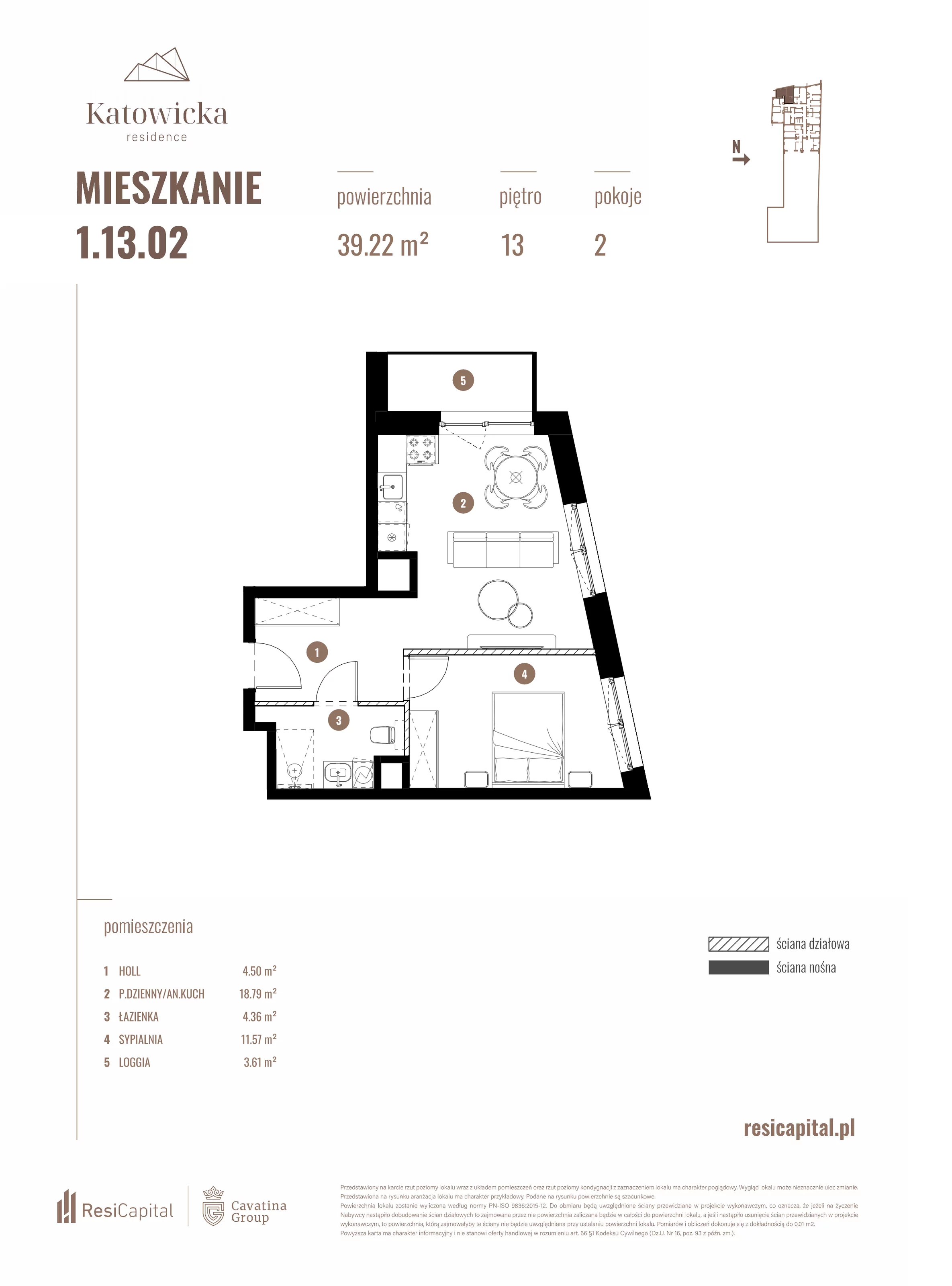 2 pokoje, apartament 39,22 m², piętro 13, oferta nr 1.13.02., Katowicka Residence, Katowice, Bogucice, ul. Katowicka