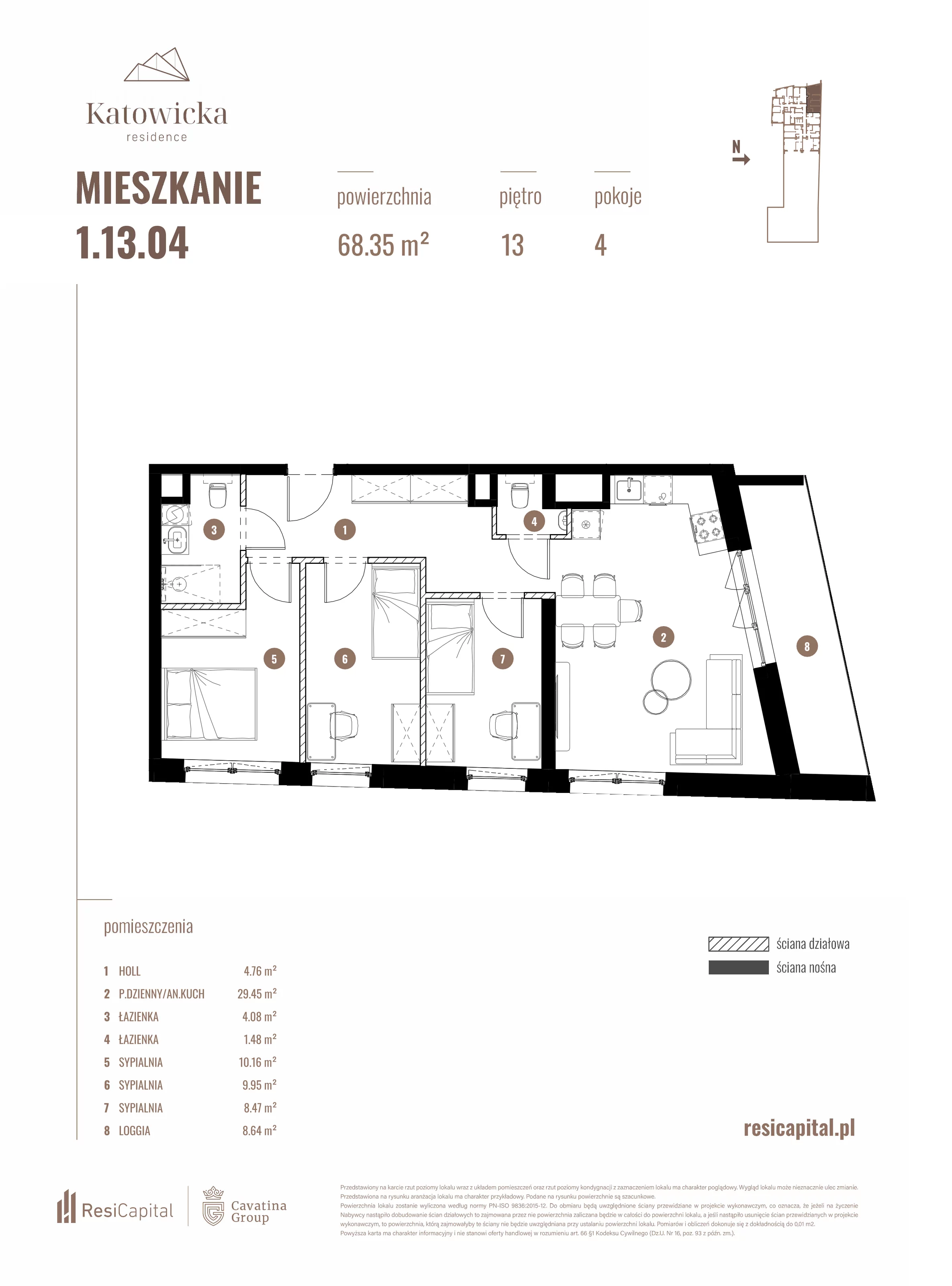 4 pokoje, apartament 68,35 m², piętro 13, oferta nr 1.13.04., Katowicka Residence, Katowice, Bogucice, ul. Katowicka