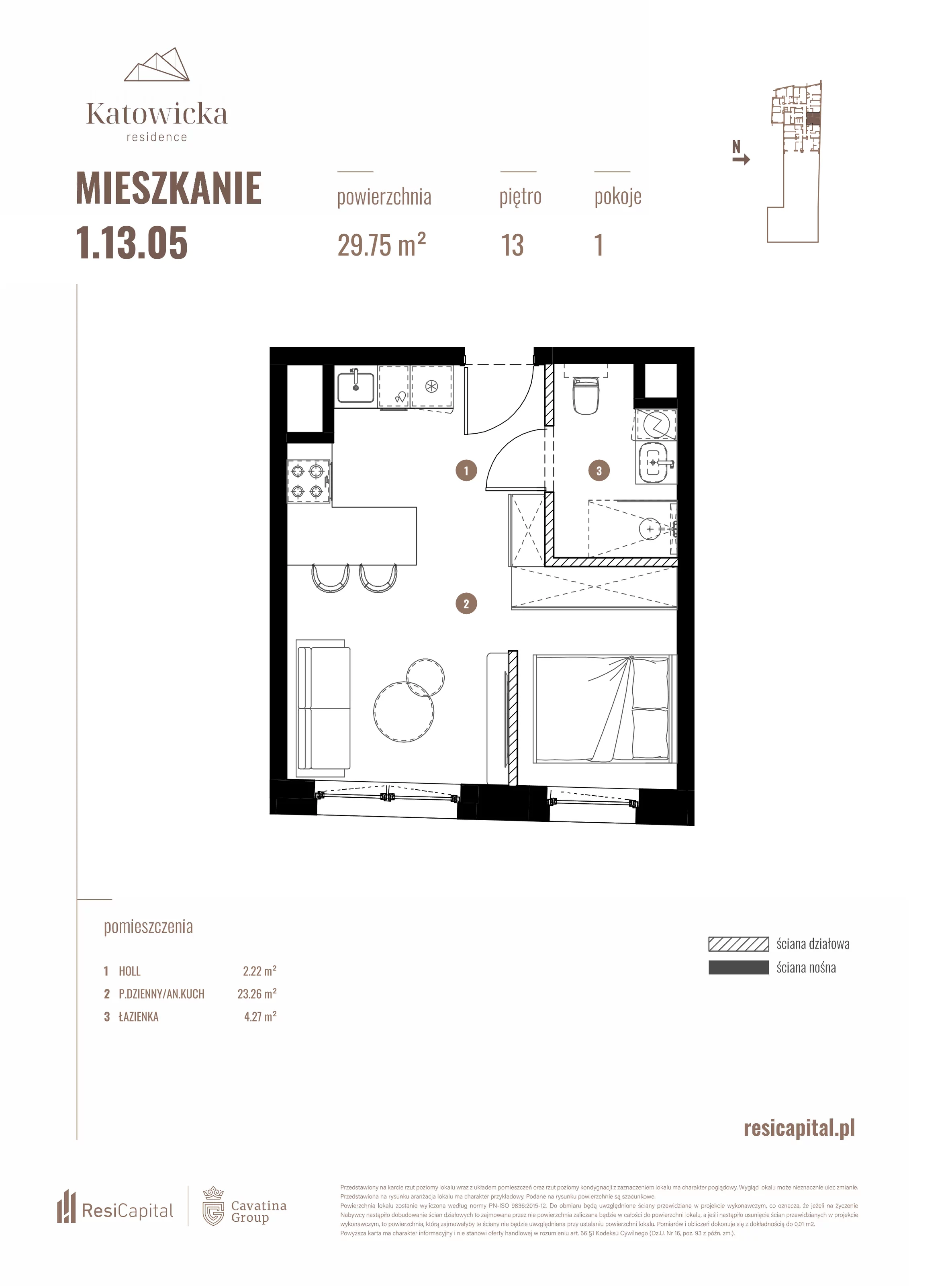 1 pokój, apartament 29,75 m², piętro 13, oferta nr 1.13.05., Katowicka Residence, Katowice, Bogucice, ul. Katowicka