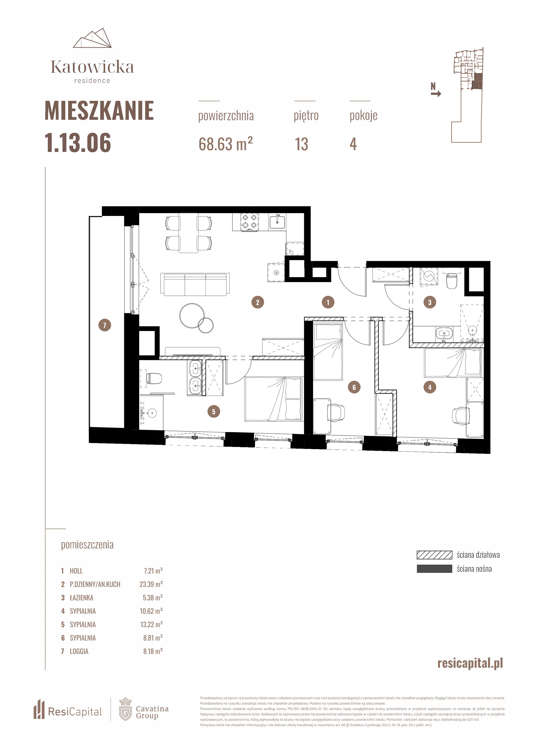 4 pokoje, apartament 68,63 m², piętro 13, oferta nr 1.13.06., Katowicka Residence, Katowice, Bogucice, ul. Katowicka