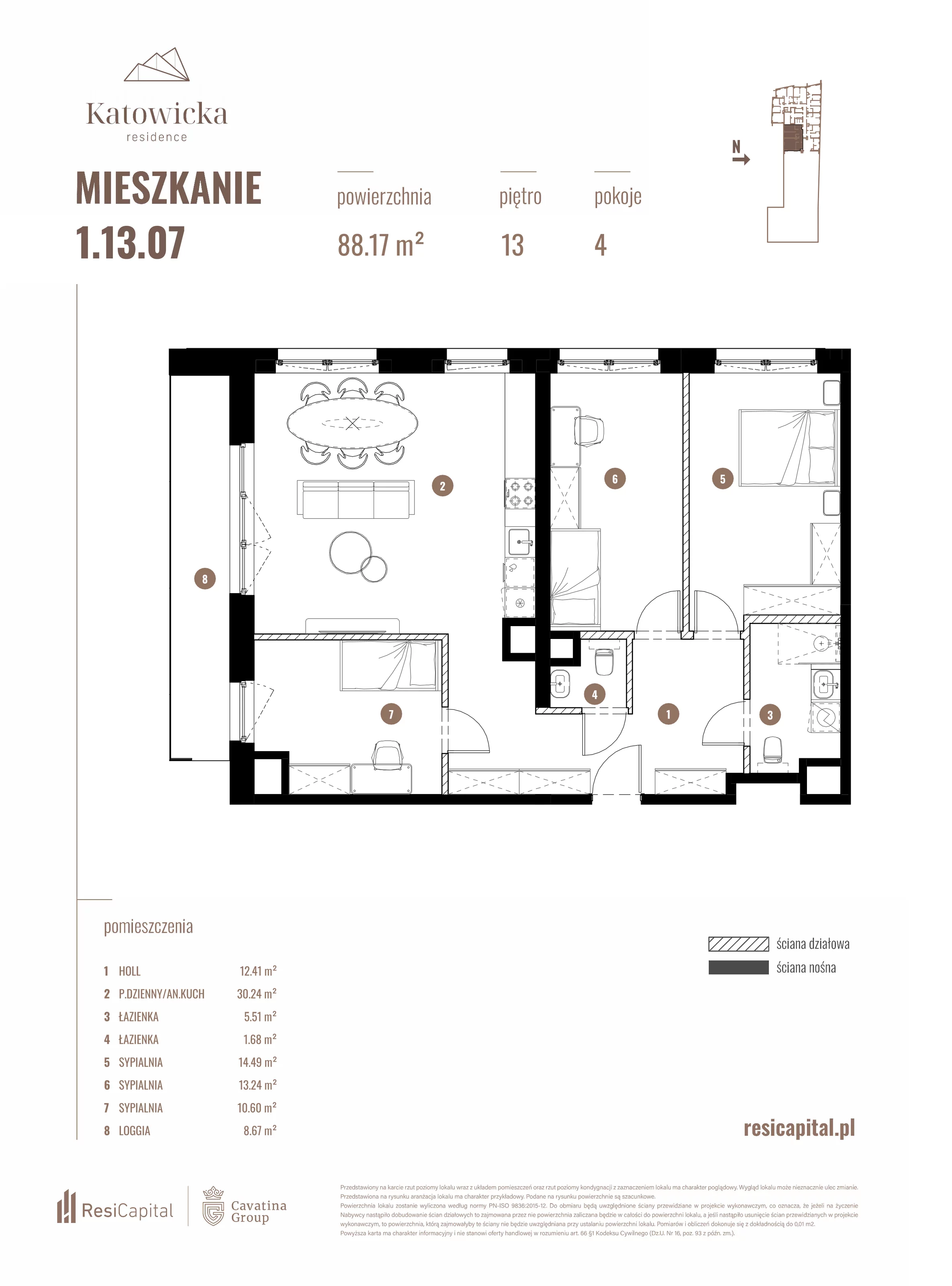 4 pokoje, apartament 88,17 m², piętro 13, oferta nr 1.13.07., Katowicka Residence, Katowice, Bogucice, ul. Katowicka