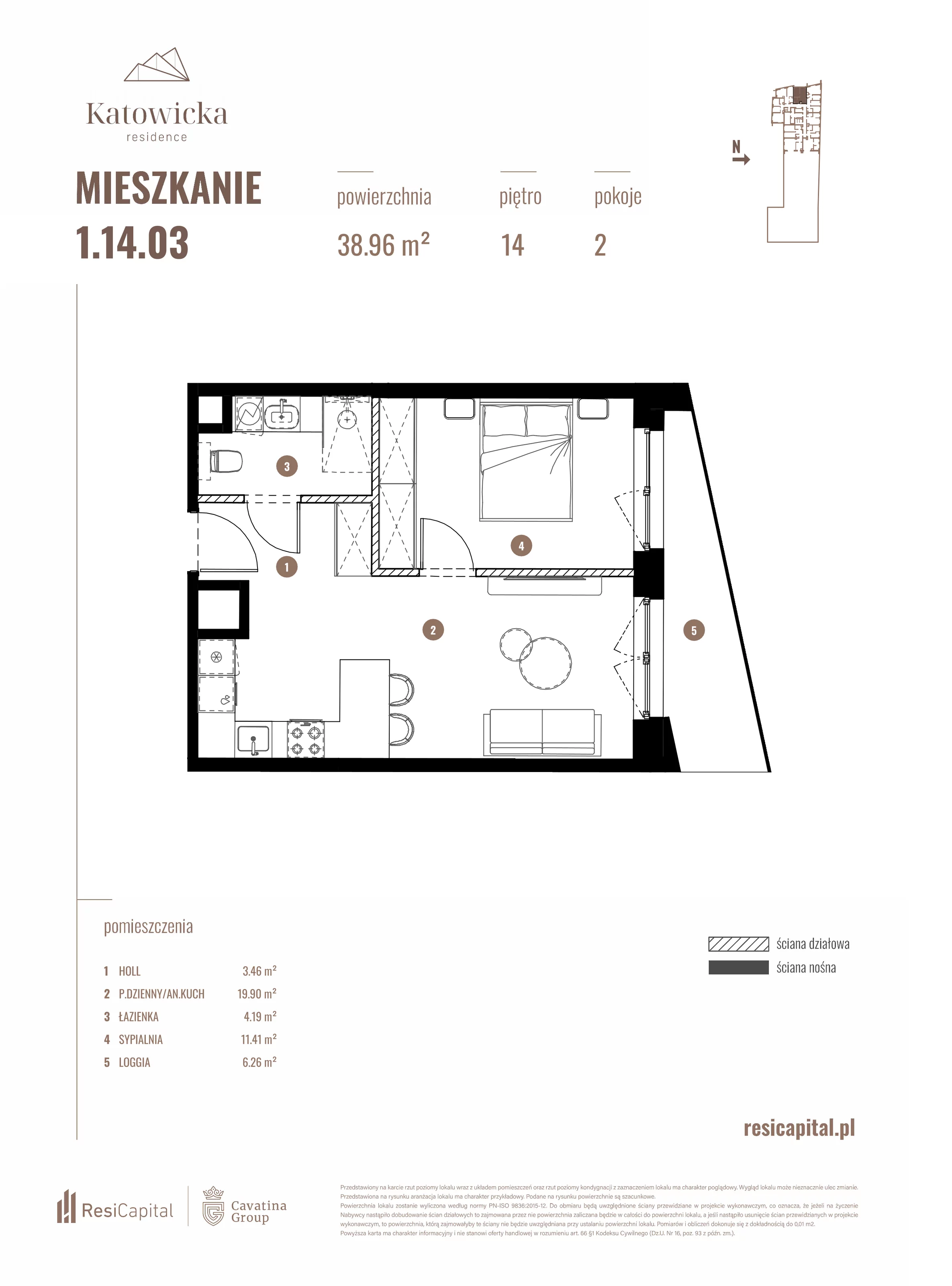 2 pokoje, apartament 38,96 m², piętro 14, oferta nr 1.14.03., Katowicka Residence, Katowice, Bogucice, ul. Katowicka