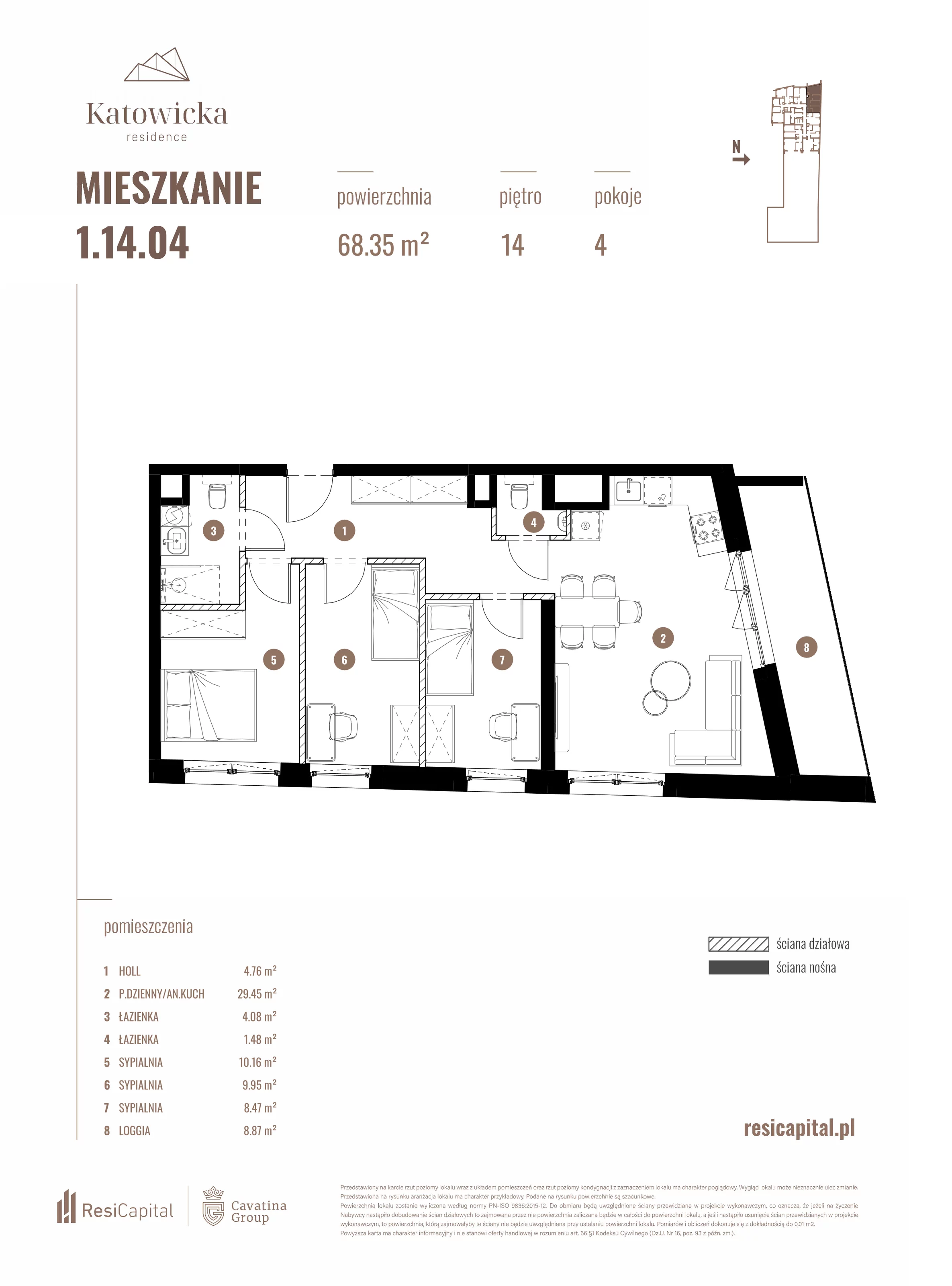 4 pokoje, apartament 68,35 m², piętro 14, oferta nr 1.14.04., Katowicka Residence, Katowice, Bogucice, ul. Katowicka