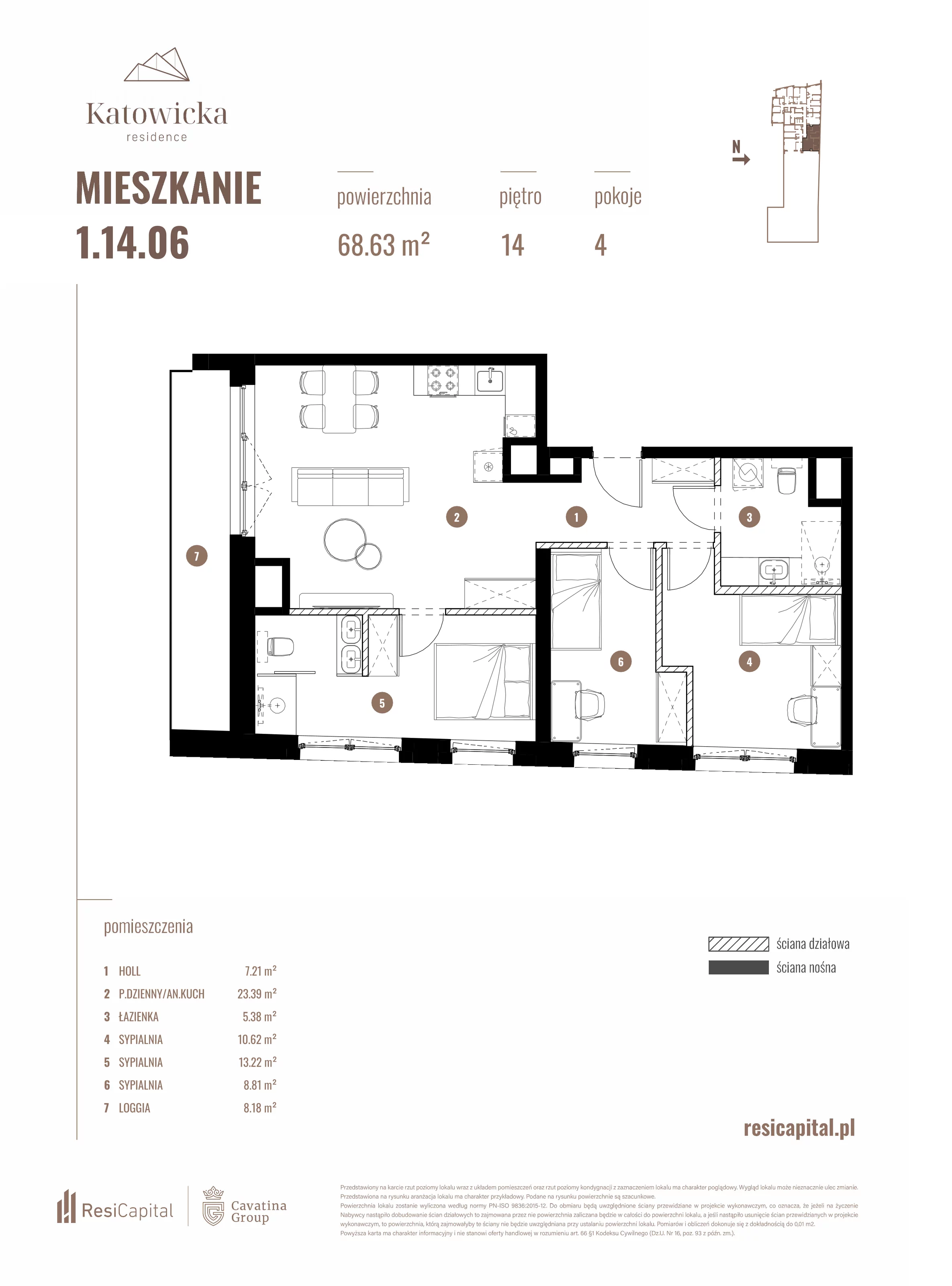 4 pokoje, apartament 68,63 m², piętro 14, oferta nr 1.14.06., Katowicka Residence, Katowice, Bogucice, ul. Katowicka
